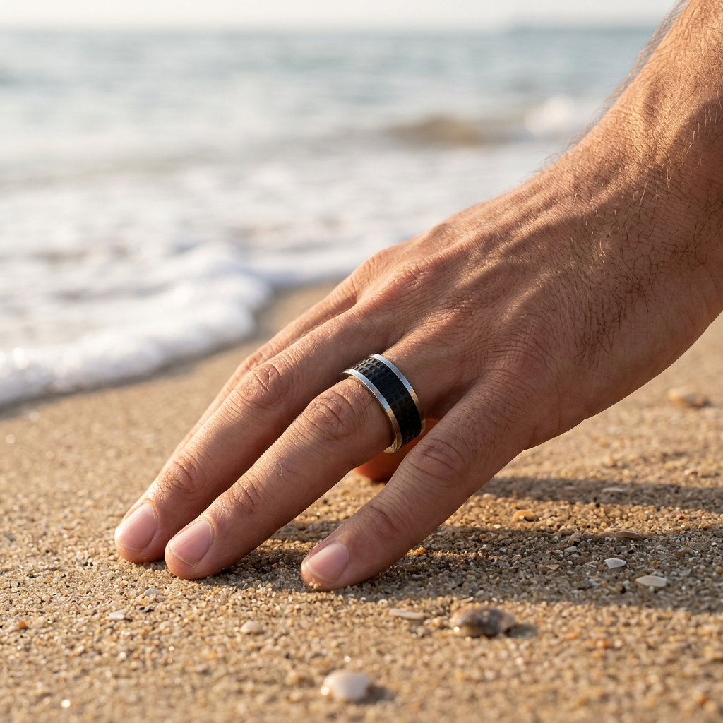 Brushed Steel and Ion Plated Black Tyre Pattern Ring