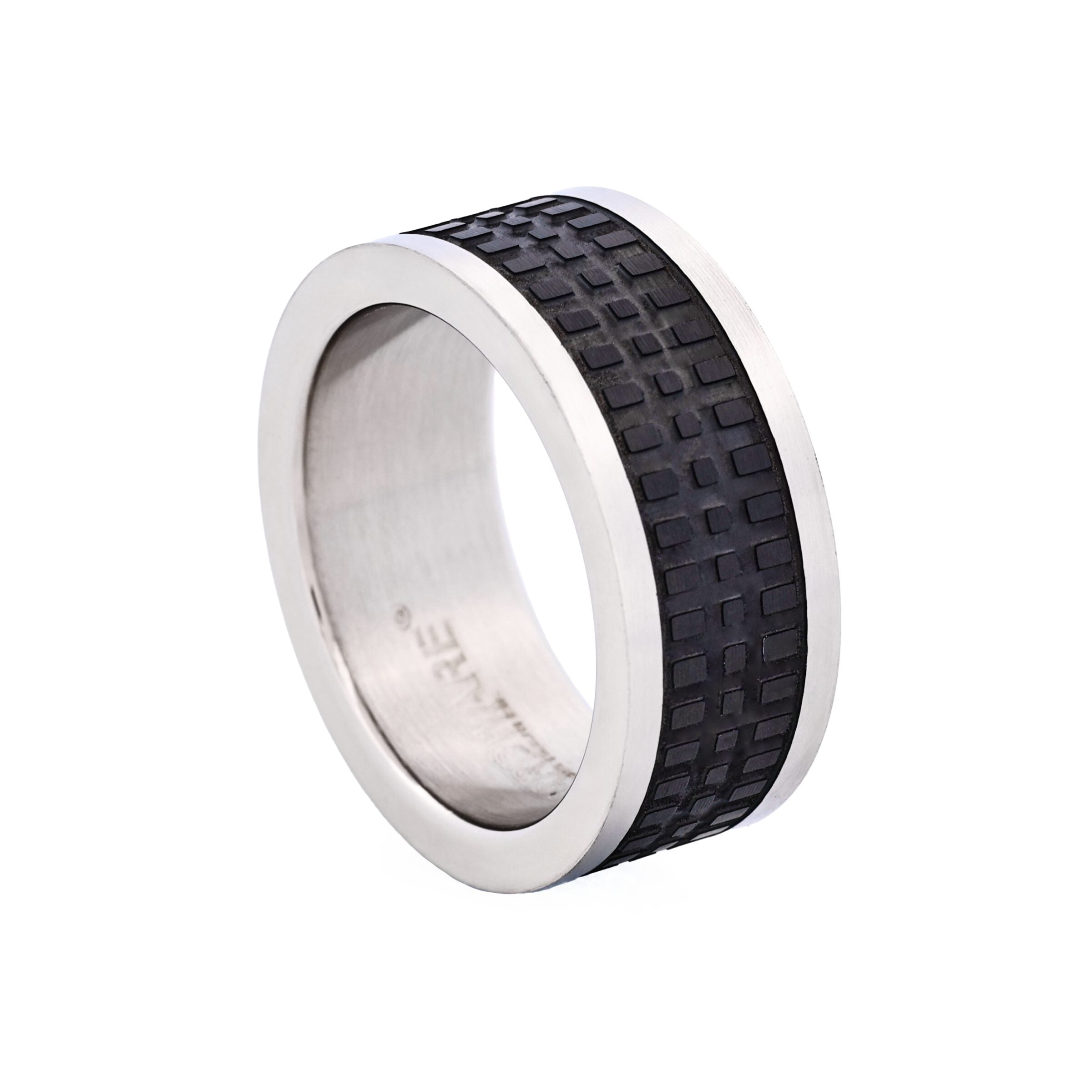Brushed Steel and Ion Plated Black Tyre Pattern Ring