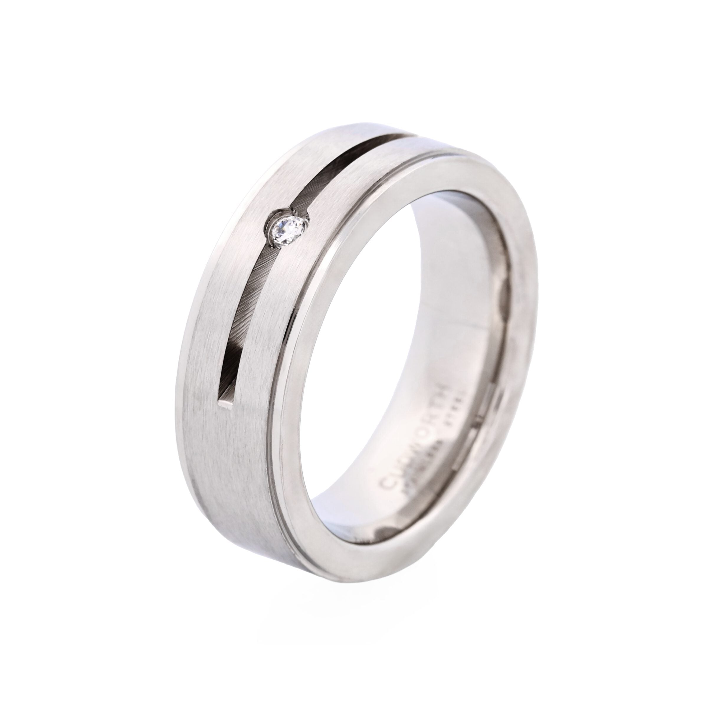 Brushed Stainless Steel and Single Cubic Zirconia Ring