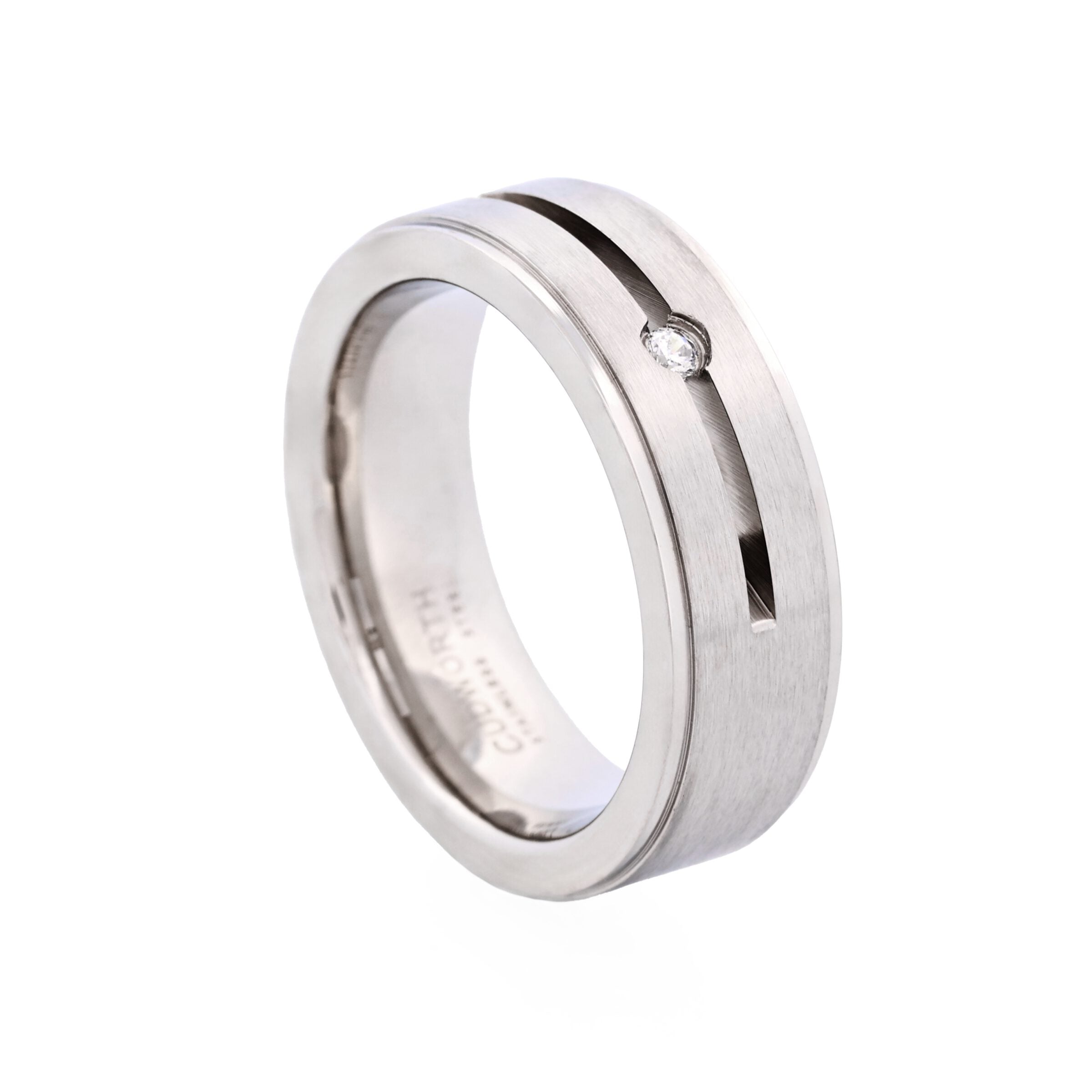 Brushed Stainless Steel and Single Cubic Zirconia Ring