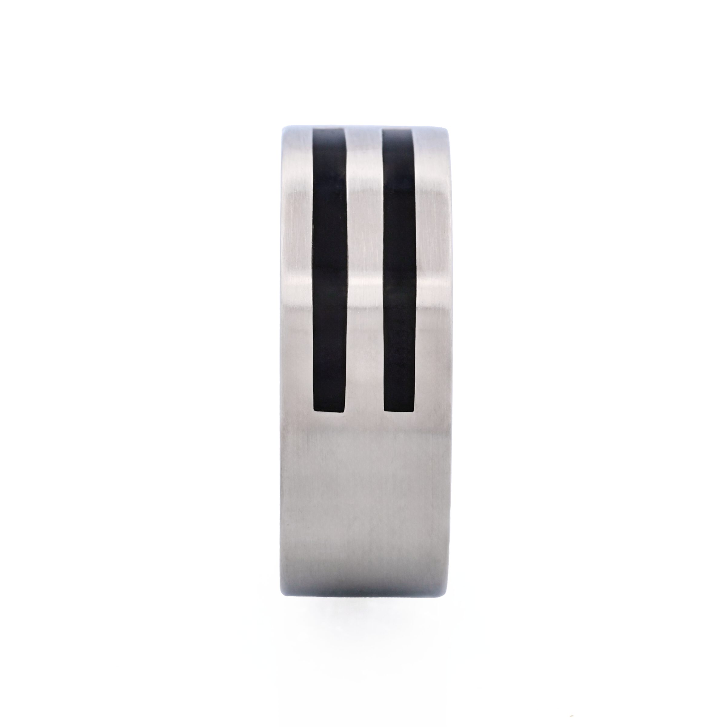 Brushed Stainless Steel and Double Striped Black Enamel Ring