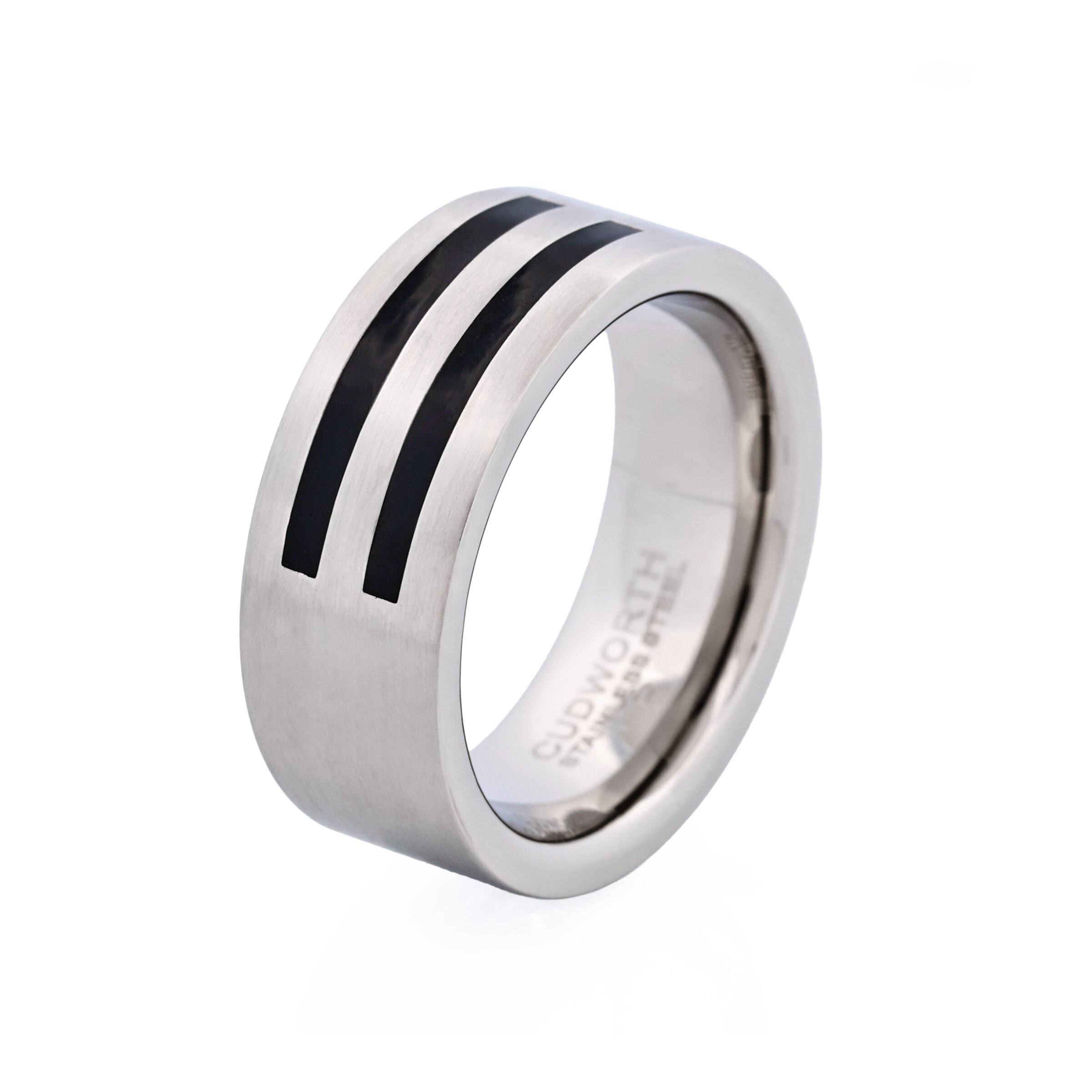 Brushed Stainless Steel and Double Striped Black Enamel Ring