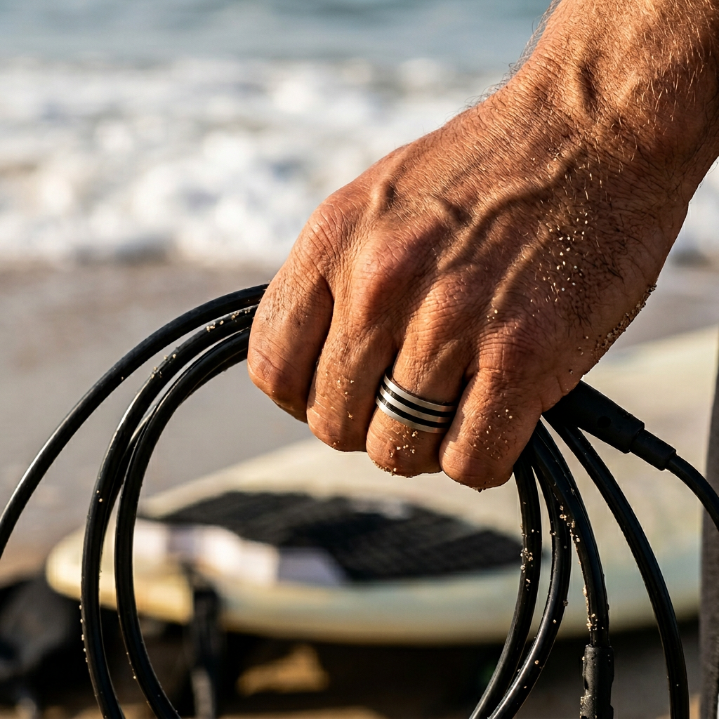 Brushed Stainless Steel and Double Striped Black Enamel Ring