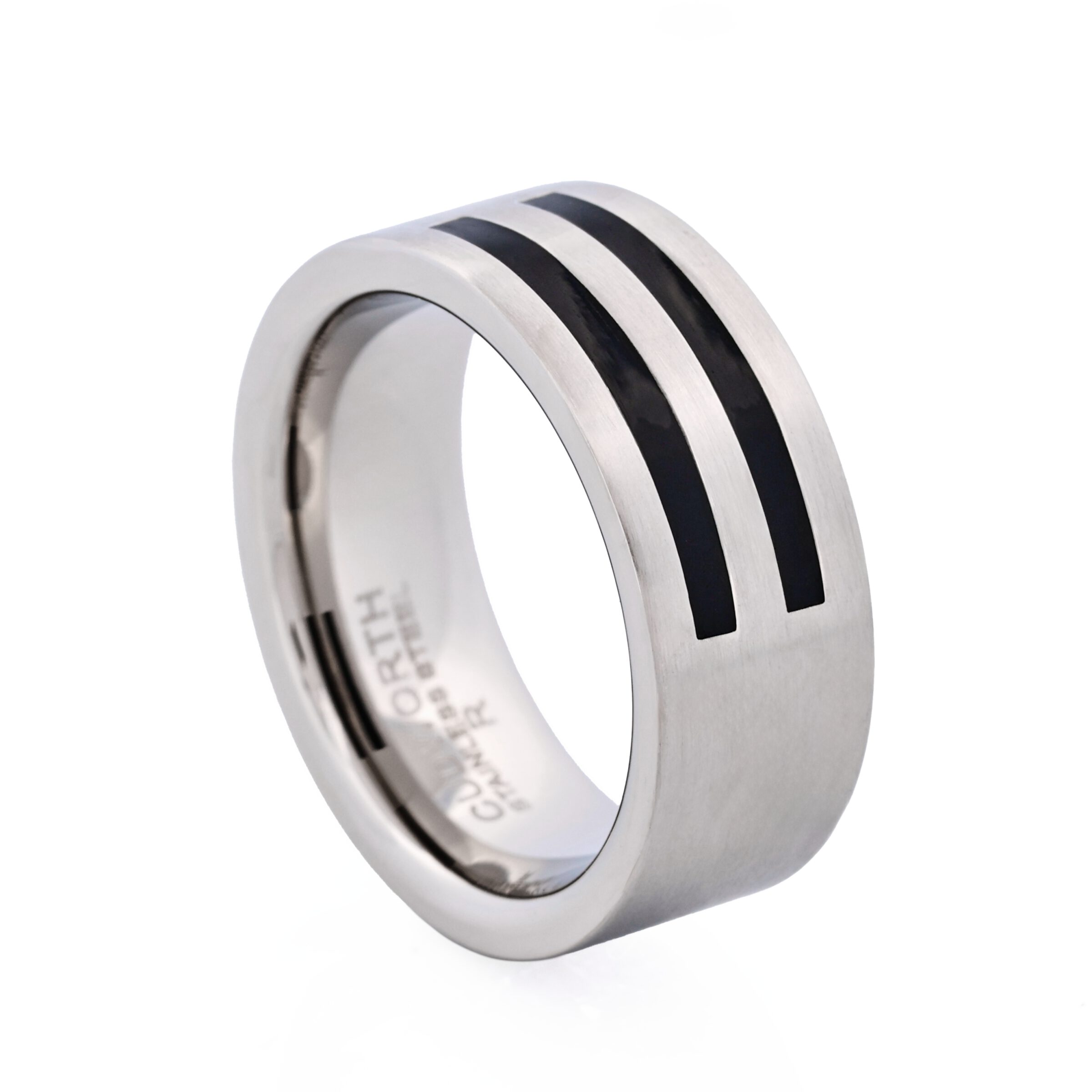 Brushed Stainless Steel and Double Striped Black Enamel Ring