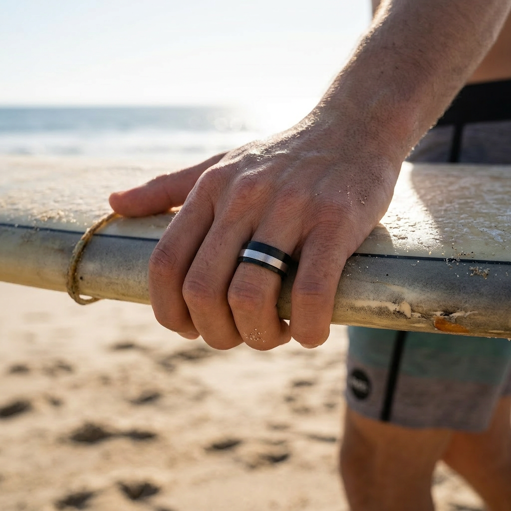 Polished Ion Plated Black and Brushed Stainless Steel Ring