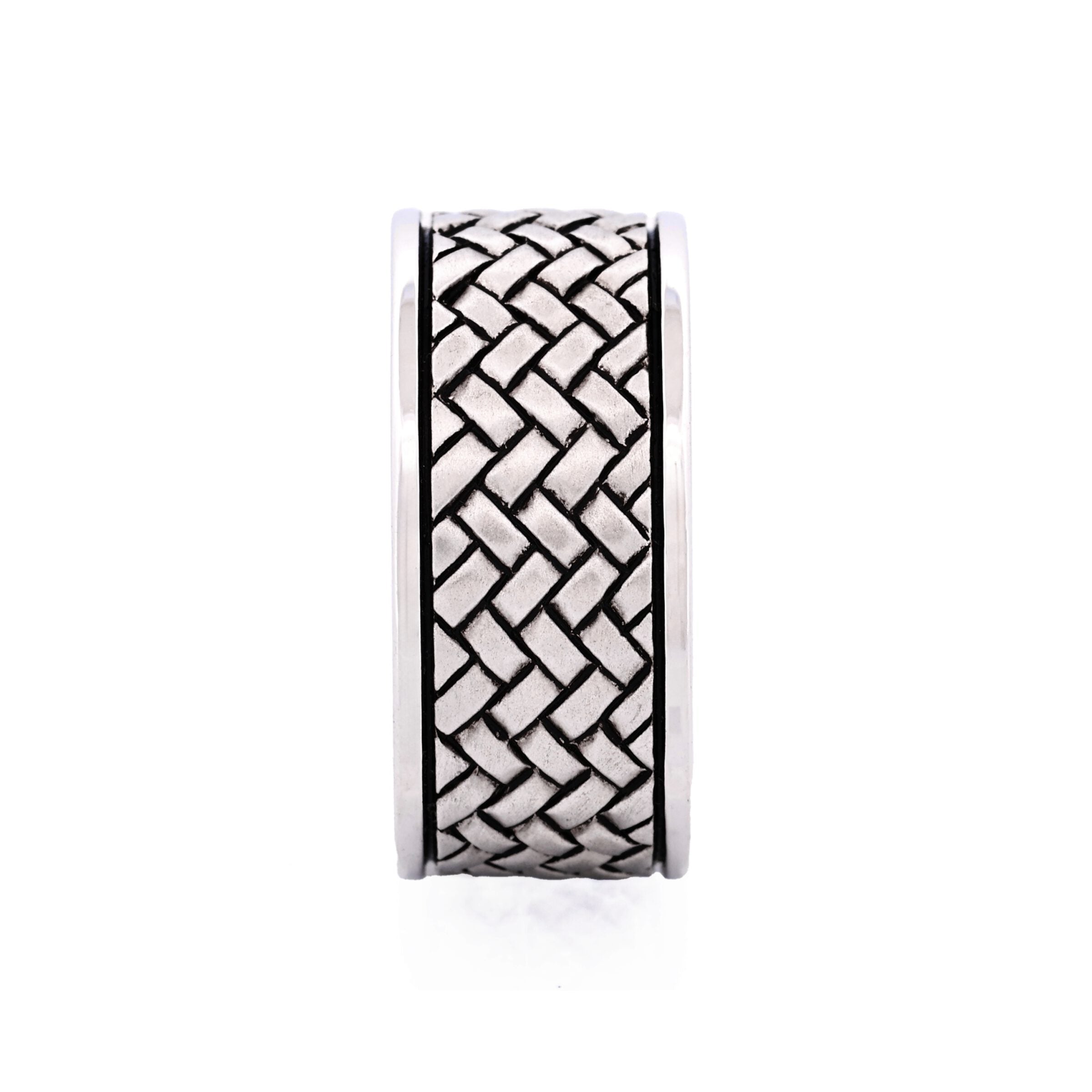 Polished and Oxidised Rhodium Plated Sterling Silver Ring with Celtic Centre Pattern