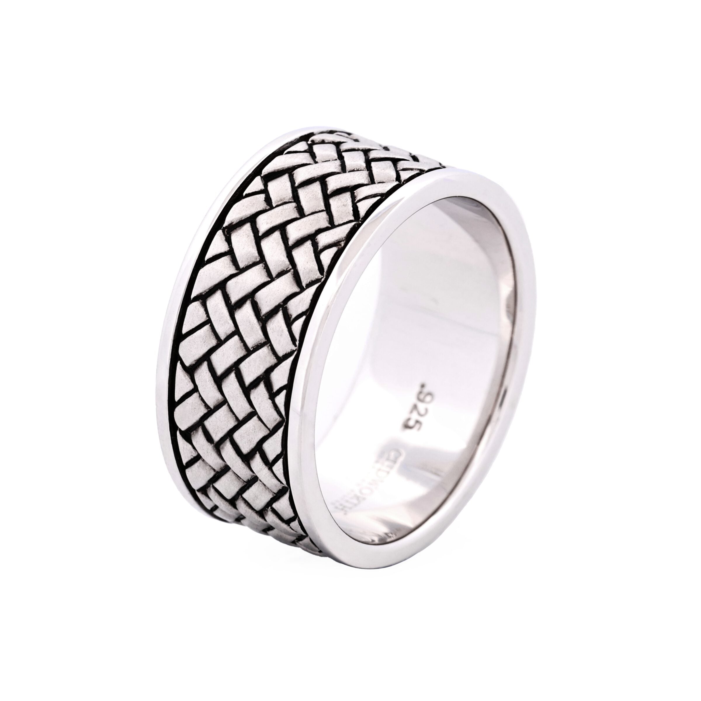 Polished and Oxidised Rhodium Plated Sterling Silver Ring with Celtic Centre Pattern