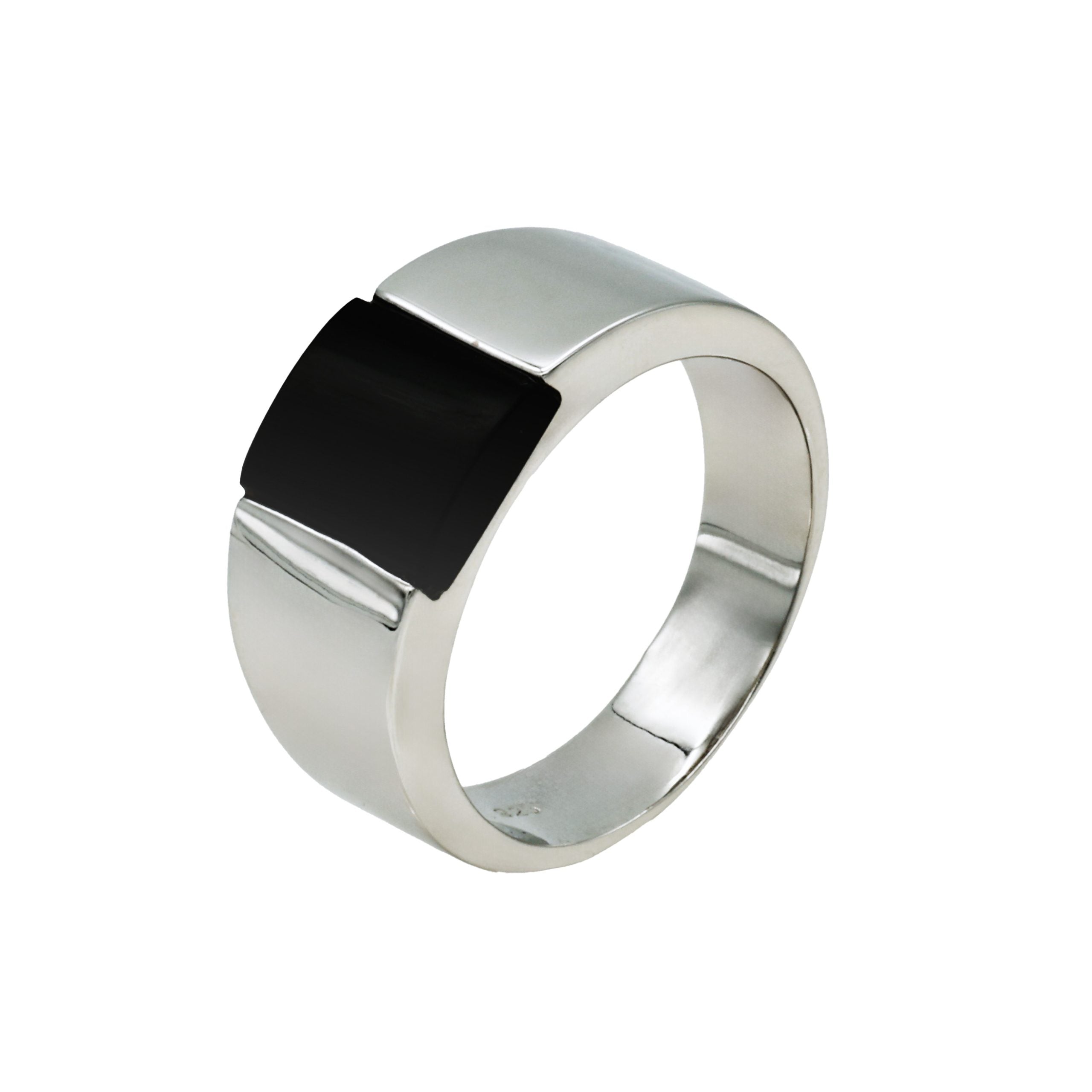 Polished Rhodium Plated Sterling Silver Onyx Ring
