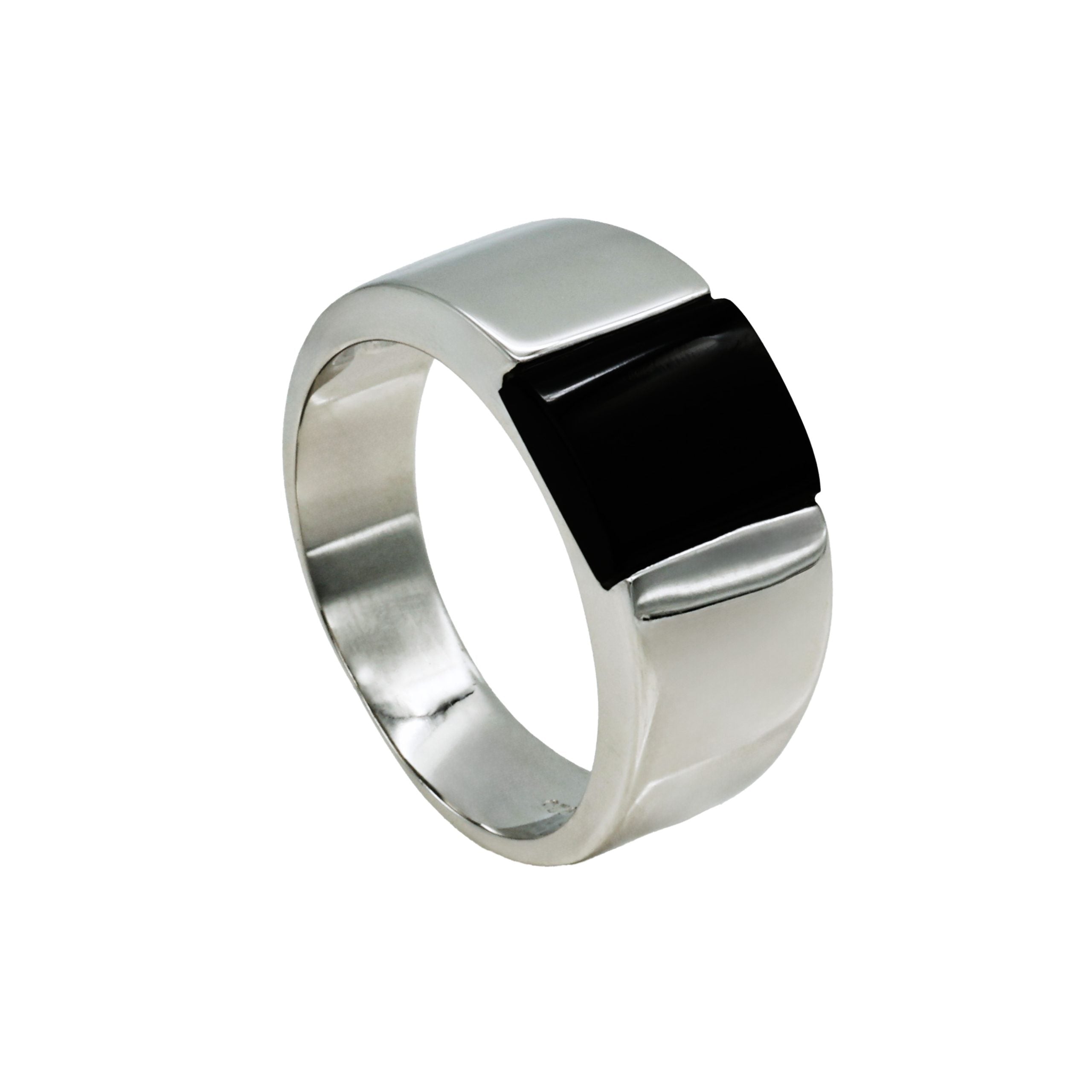Polished Rhodium Plated Sterling Silver Onyx Ring