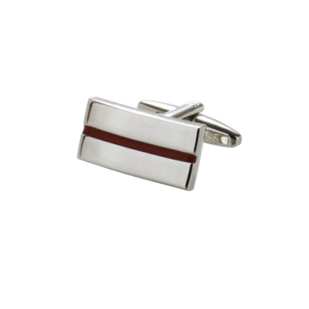 Brushed Rhodium Plated Rectangle Cufflinks with Red Centre Striped Enamel Inlay
