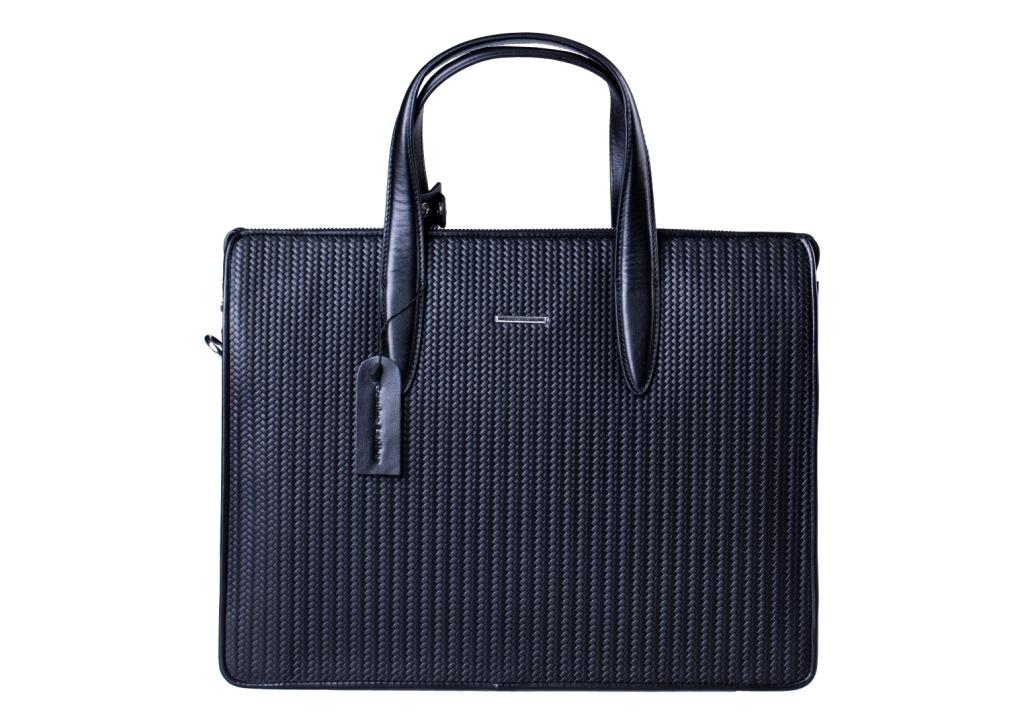 Black Leather Basketweave Tote Bag