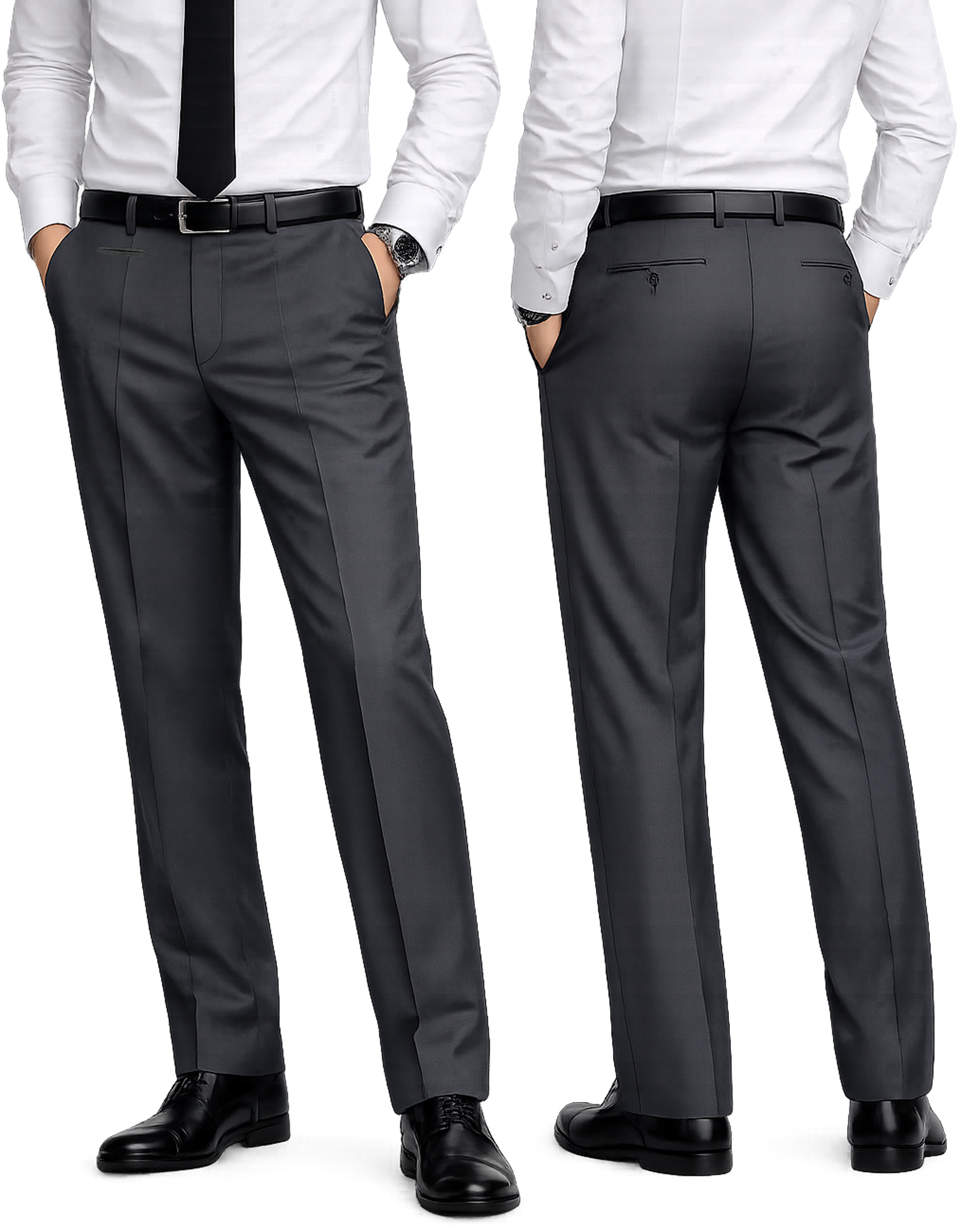 Front View Image
Men's charcoal relaxed fit dress pants front view with flat front design and right side fob pocket

Back View Image
Men's charcoal relaxed fit dress pants back view showing two rear jetted pockets

Front &amp; Back Comparison Image
Men's charcoal suit trousers relaxed fit front and back view with tailored silhouette

Detail Pocket Image
Charcoal dress pants detail showing right side jetted fob pocket