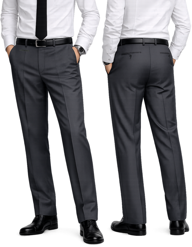 Front View Image
Men's charcoal relaxed fit dress pants front view with flat front design and right side fob pocket

Back View Image
Men's charcoal relaxed fit dress pants back view showing two rear jetted pockets

Front &amp; Back Comparison Image
Men's charcoal suit trousers relaxed fit front and back view with tailored silhouette

Detail Pocket Image
Charcoal dress pants detail showing right side jetted fob pocket