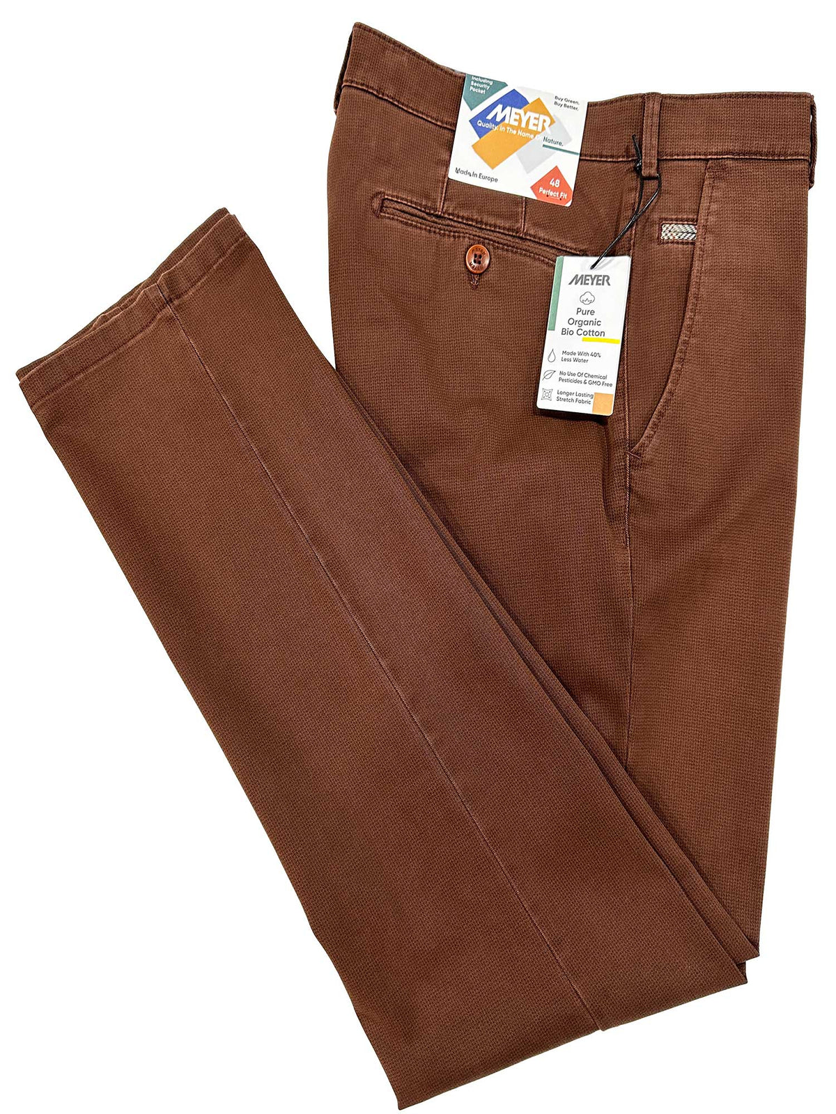 Meyer Casual Trousers are the perfect fit Invisible comfort created by high-performance super-stretch fabrics. 97% Cotton 3% Elastane Made in Romania Two side pockets with rear jetted pockets Fob pocket with contrast trim Internal security pocket with zip Full-extension band with metal Clip + 2 buttons for a firm secure fit with a YKK metal zipper. Pockets & seams are all tapped for extra strength & comfort Size is European regular fit- waist 48=34", 50=35" 52=36", 54=38", 56=40", 58=42", 60=44"