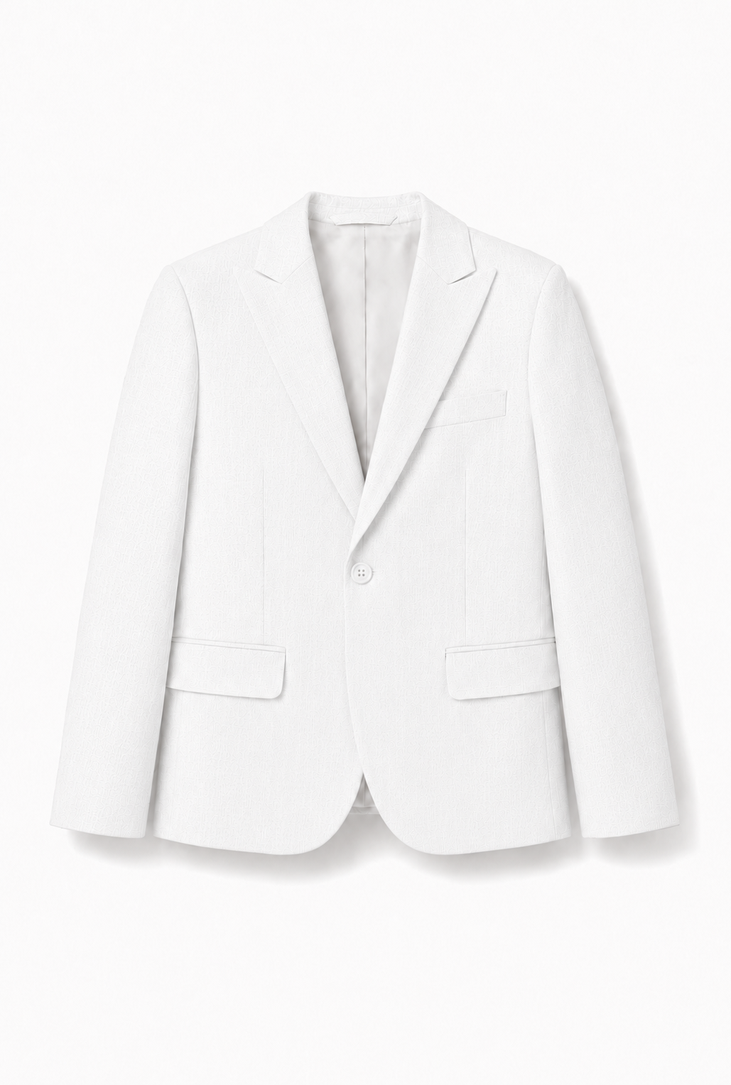 A white single-breasted blazer with notch lapels, a two-button front closure, and flap pockets, shown on a clean white background.