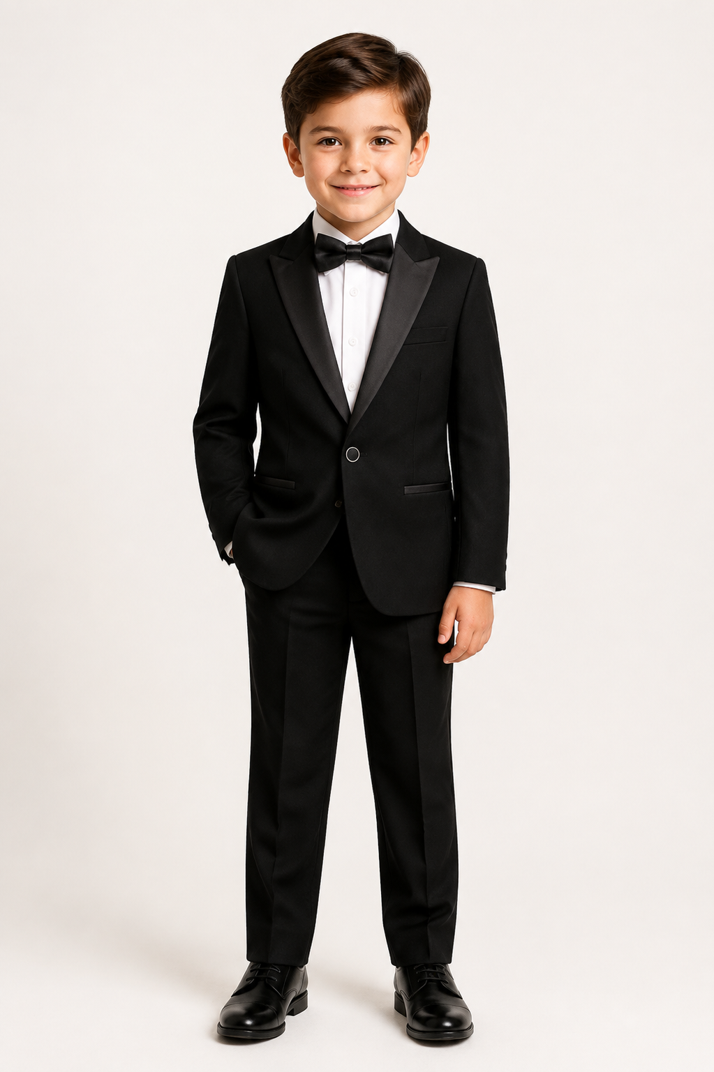 The Olivero Boys Tuxedo in black features a fine-texture fabric and satin peak lapel. A sharp, tailored black-tie look for weddings and special occasions.
