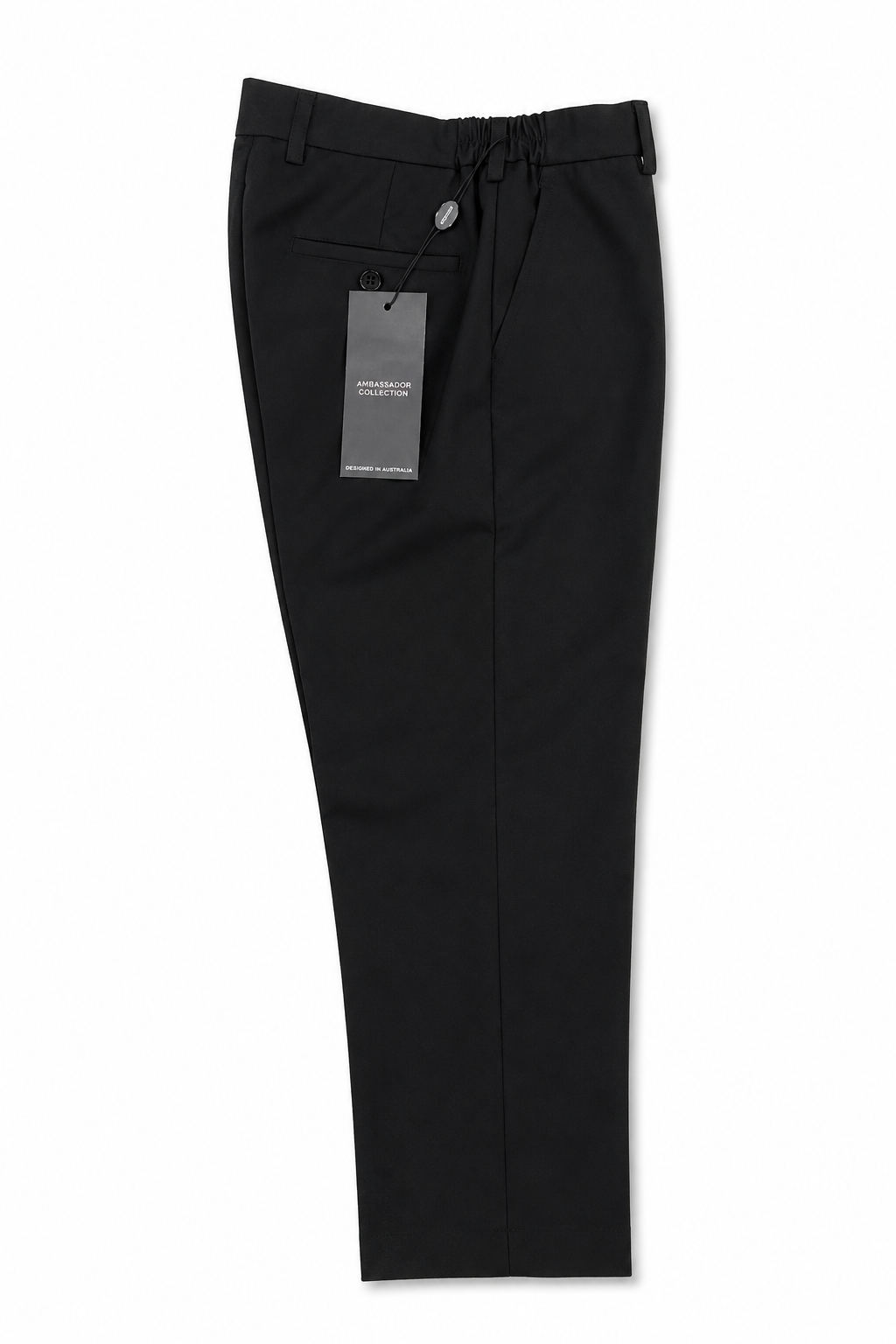 Black slim-fit trousers with an elastic drawstring waist and a side pocket, shown flat on a white background with a product tag attached.