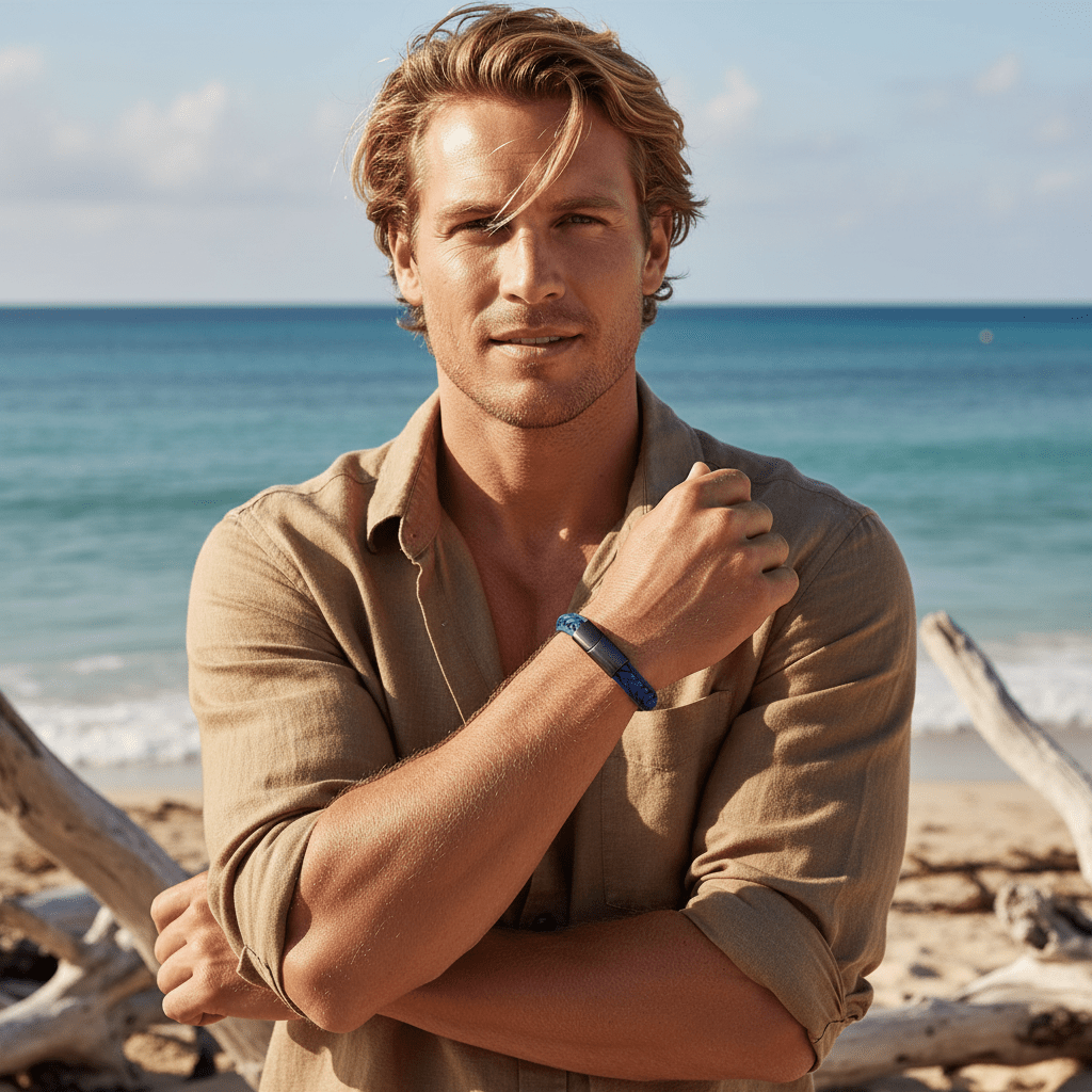 Savage - Navy Stitched Leather & Stainless Steel Bracelet