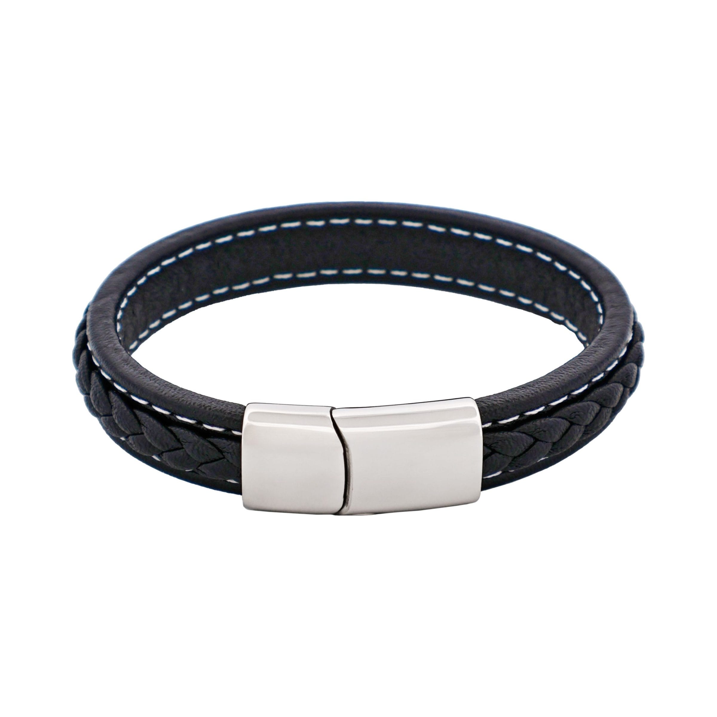 Savage - Black Stitched Leather & Stainless Steel Bracelet