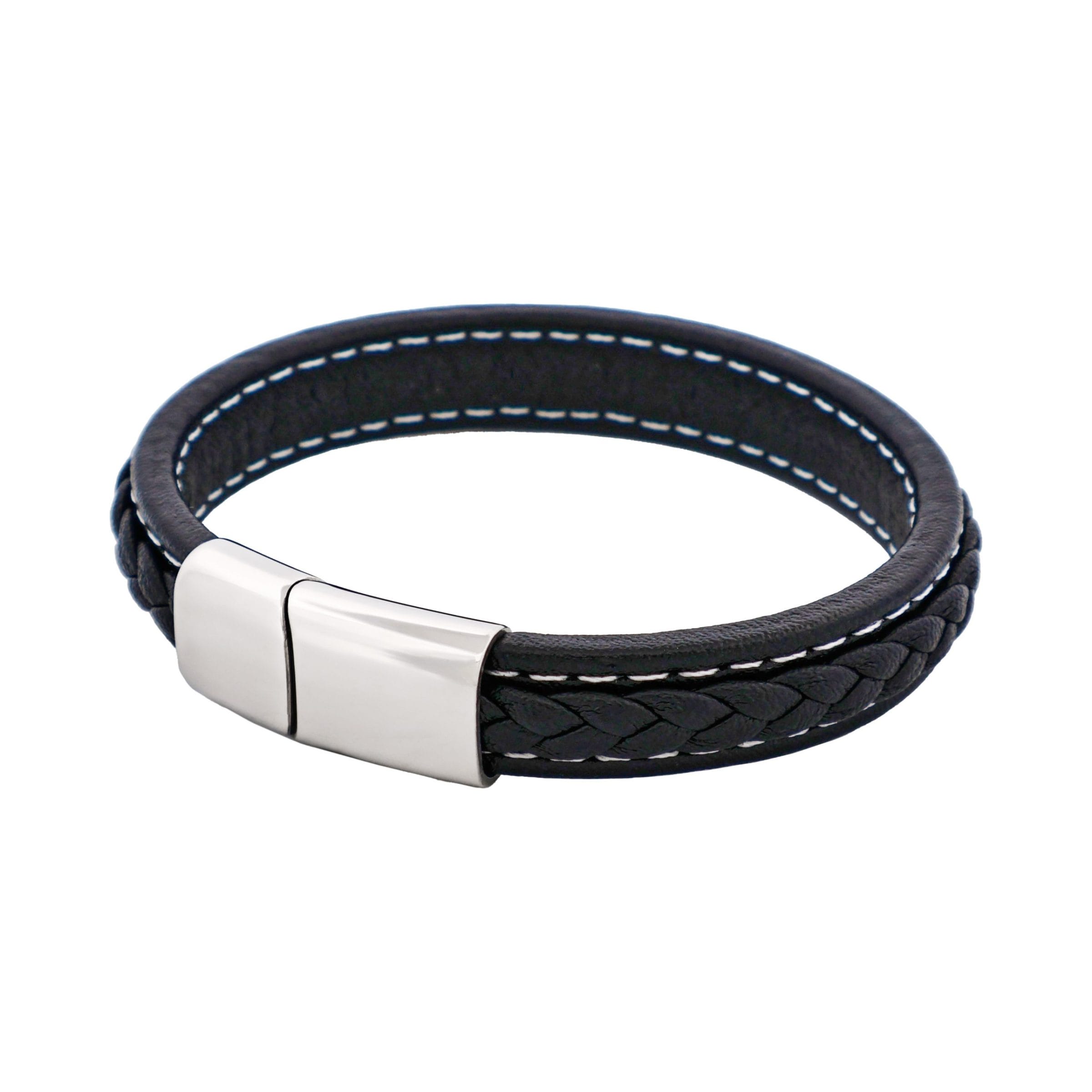 Savage - Black Stitched Leather & Stainless Steel Bracelet