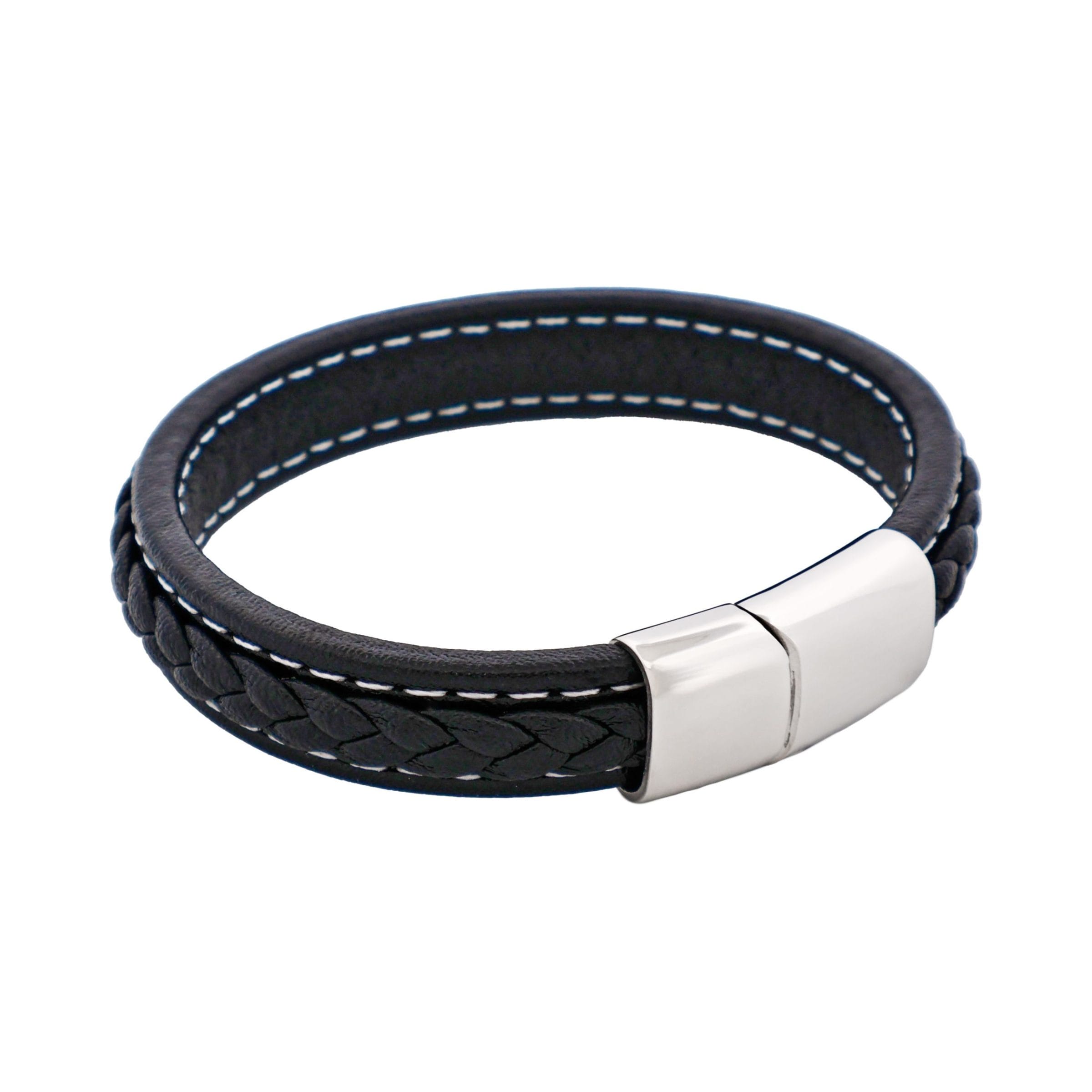 Savage - Black Stitched Leather & Stainless Steel Bracelet