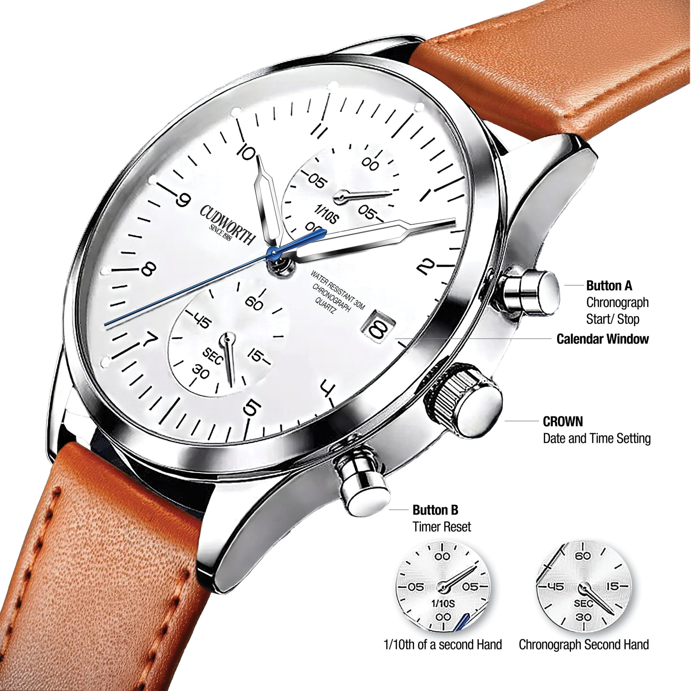Cudworth Heritage Chronograph, Arctic White & Tan