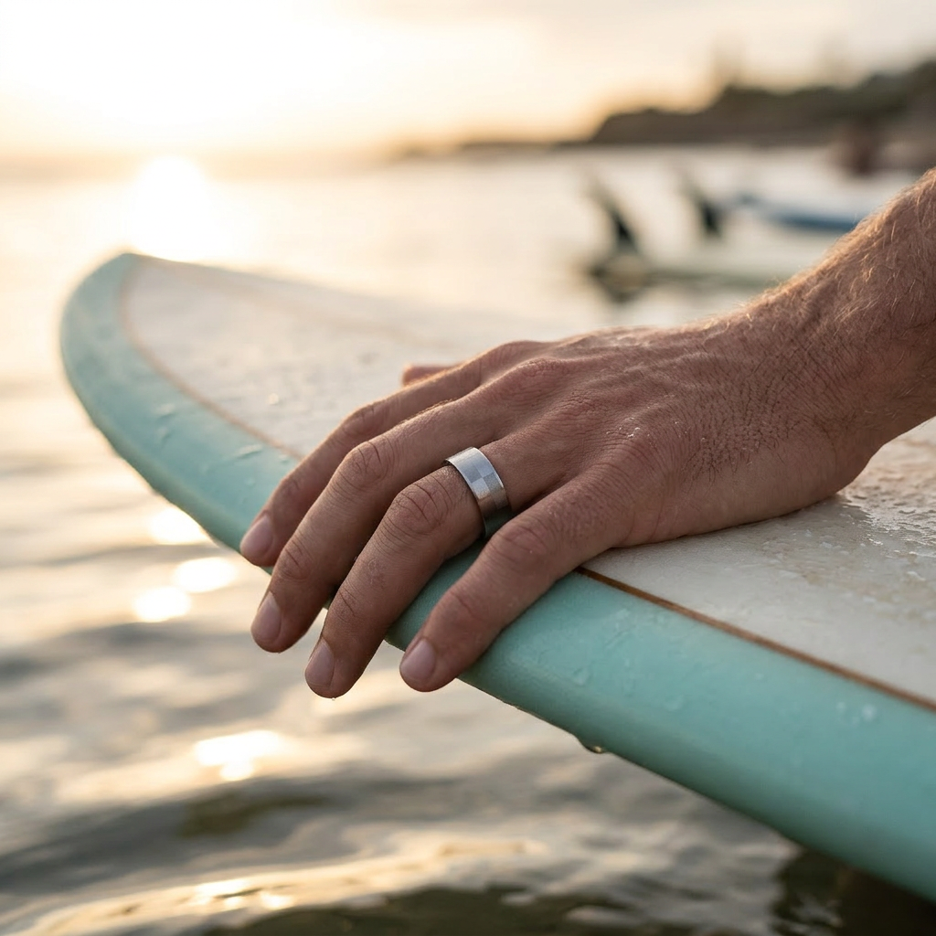 Brushed & Frosted Brick Pattern Stainless Steel Ring