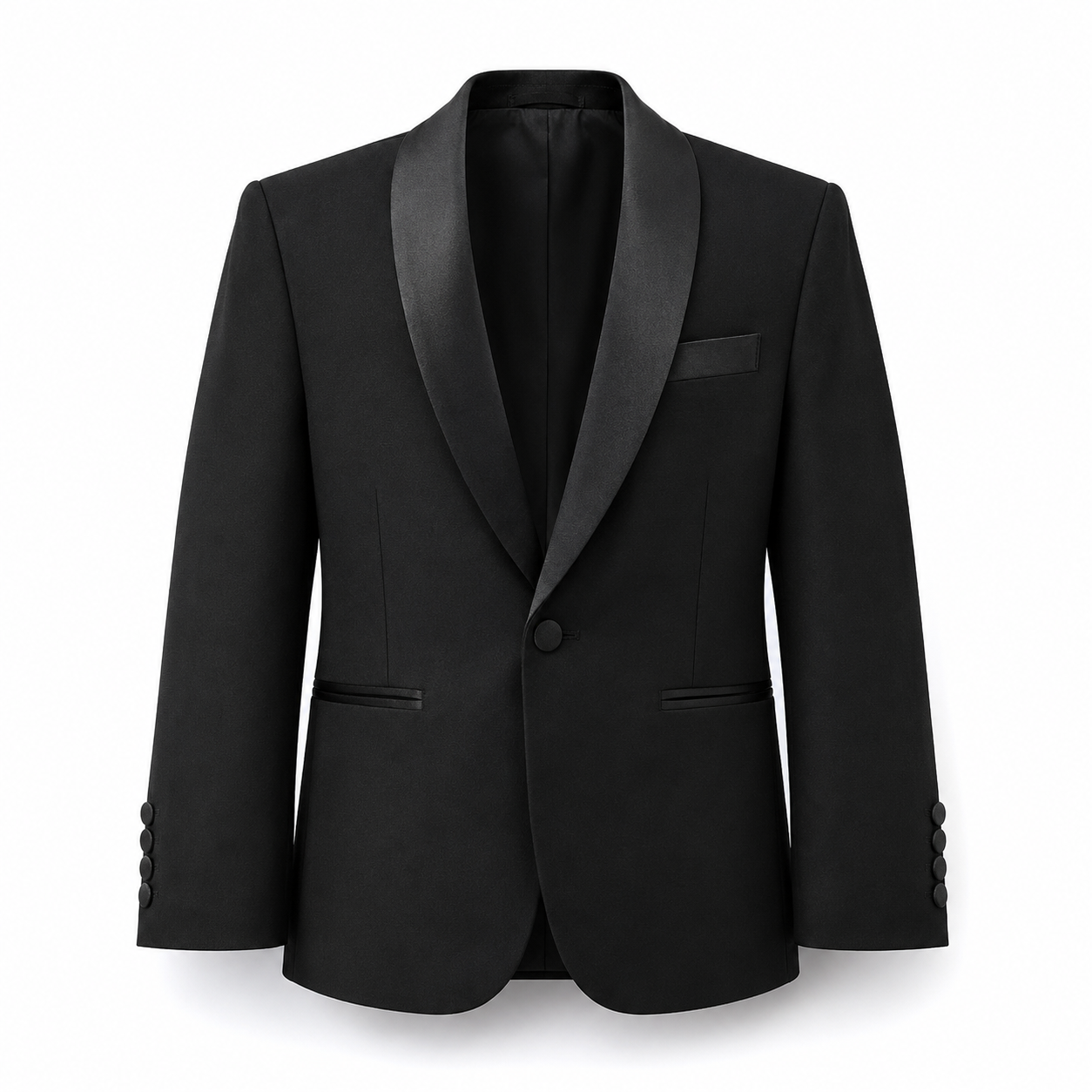 A black men's tuxedo jacket with satin peak lapels, a single-button front closure, and buttoned cuffs, shown on a plain white background.