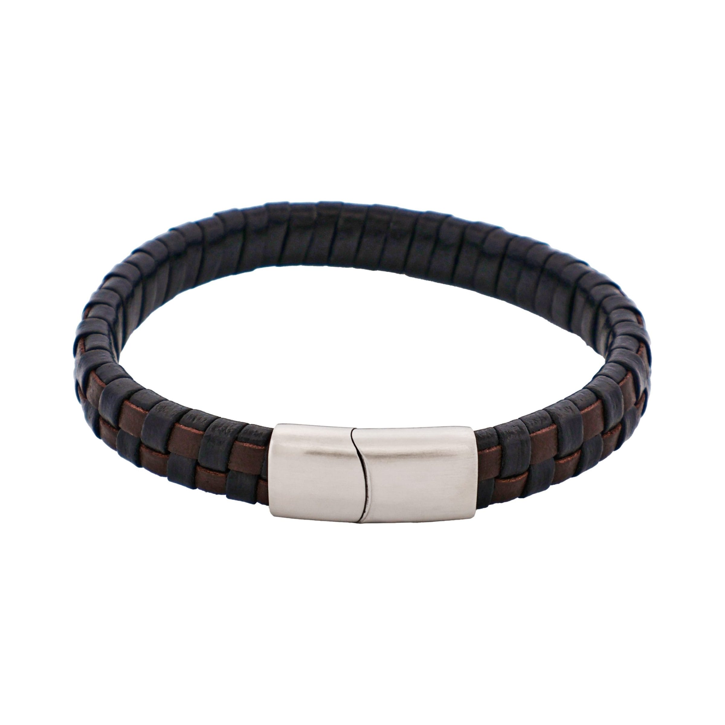 Brown & Black Braided Leather & Steel Bracelet