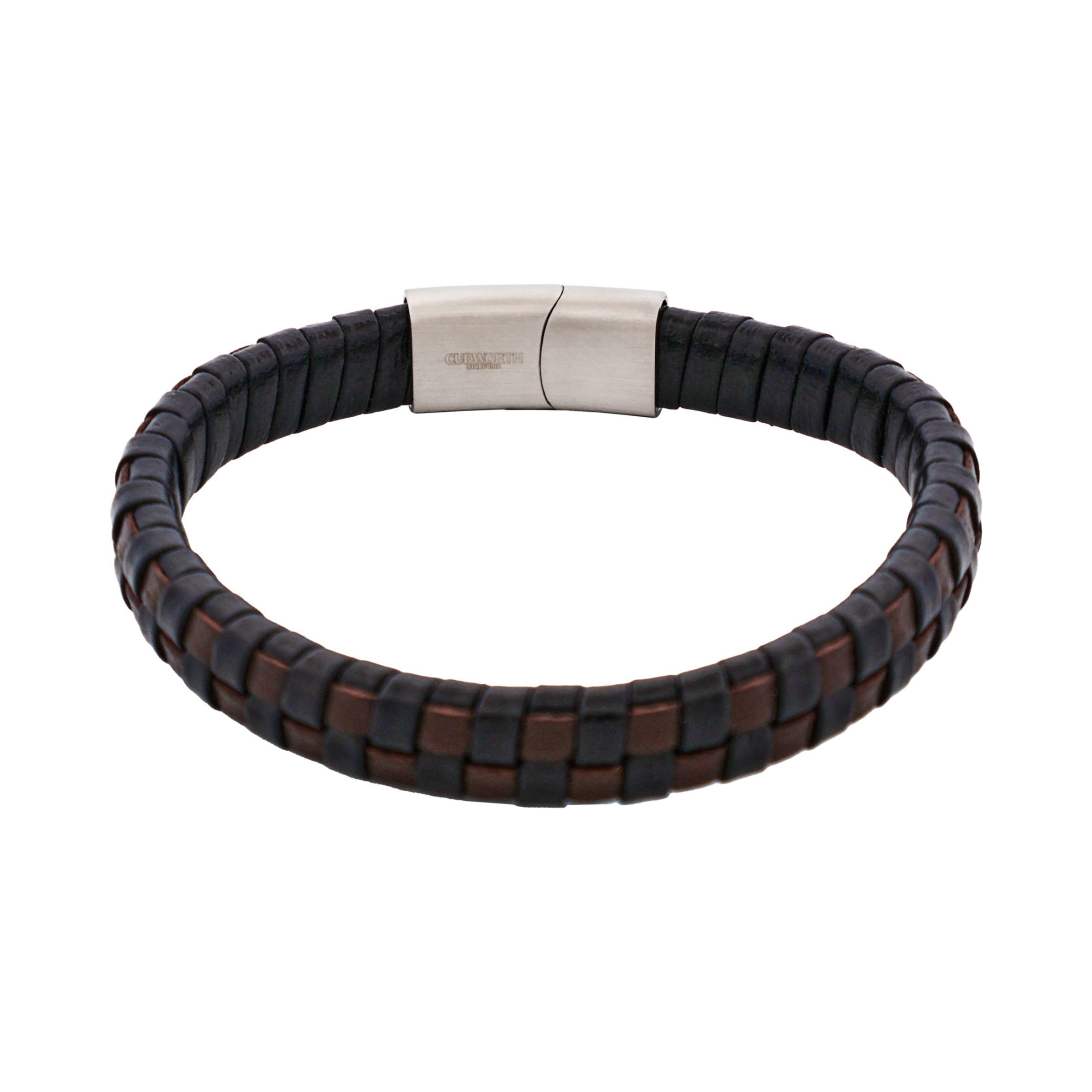 Brown & Black Braided Leather & Steel Bracelet