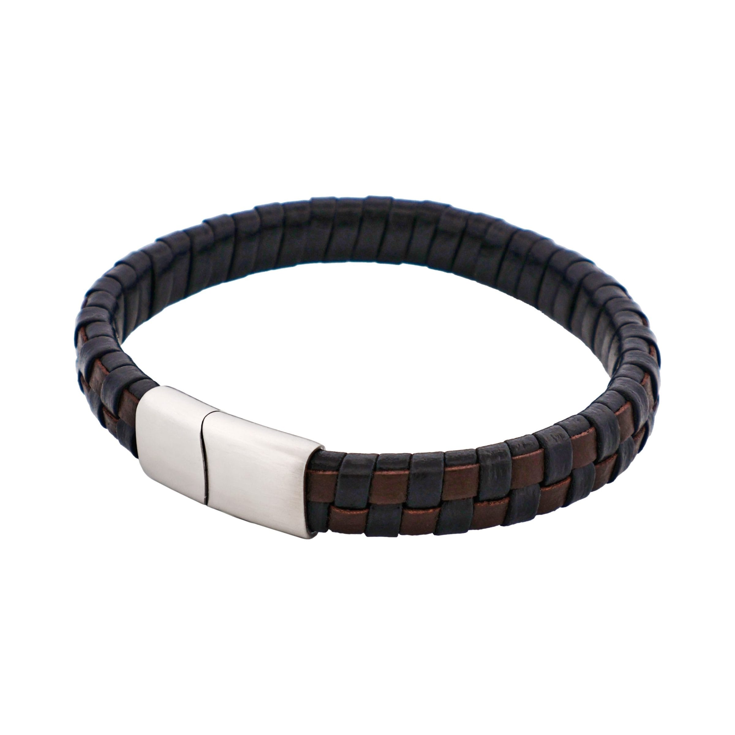 Brown & Black Braided Leather & Steel Bracelet