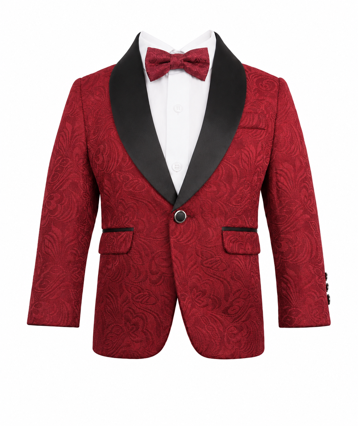 A red patterned tuxedo jacket with black satin shawl collar, styled with a white dress shirt and a matching red patterned bow tie on a white background.