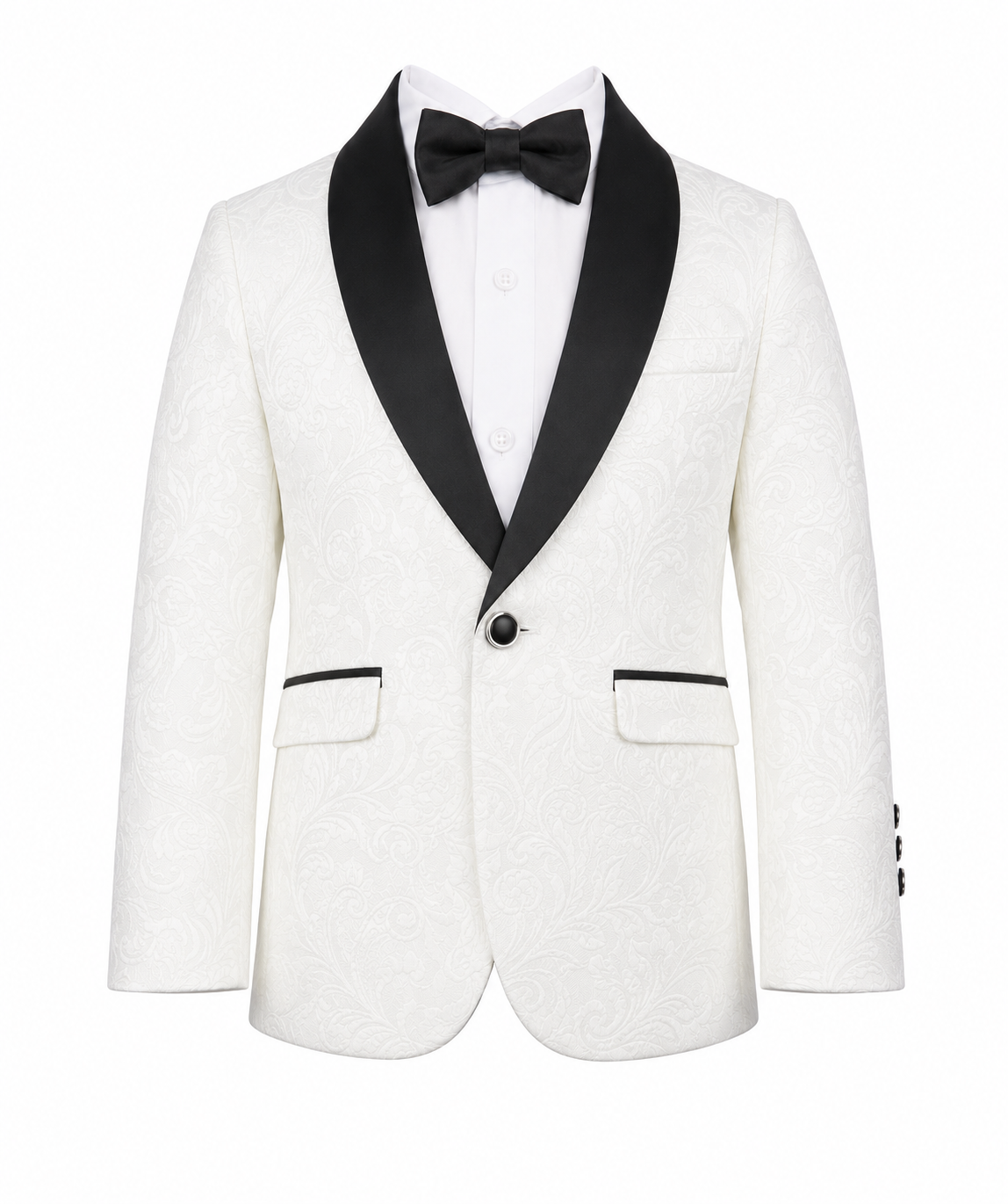 A white boy's tuxedo jacket with black satin shawl lapels, a single black bow tie, and black piping details on the pocket flaps, shown against a plain white background.