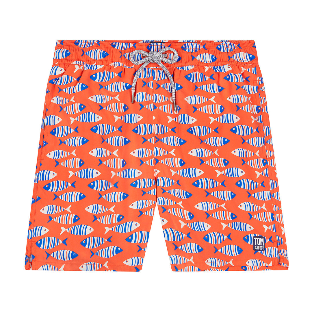Fish- Striped Orange  https://harrysformenswear.com.au/products/fish-striped-orange  Soft & quick-drying Tom & Teddy shorts perfect for weekends, casual wear & swimming. Fish Striped Orange print pattern inner lining for support. Features two side pockets, a velcro rear pocket & a tie-up waist cord above the knee.