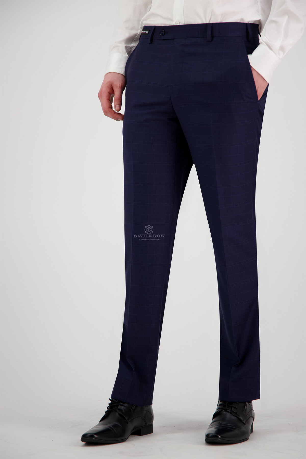 Navy blue dress pants with a logo on a white background