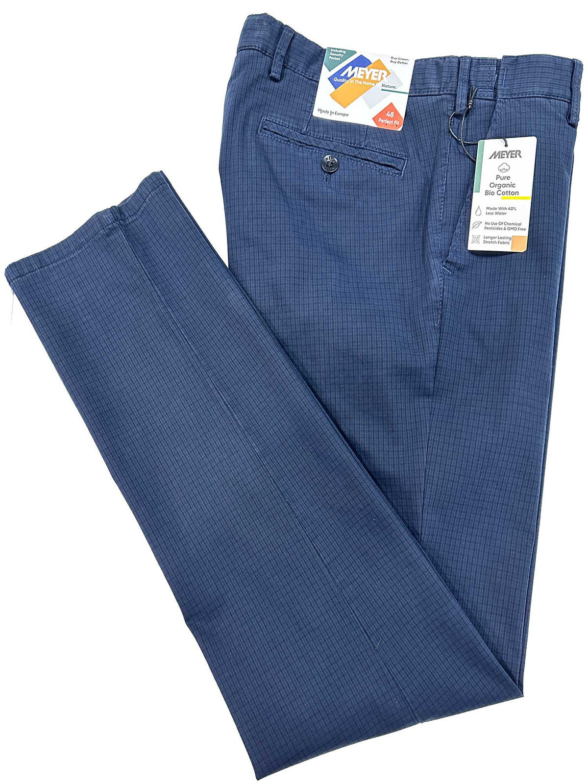 Meyer Bonn Casual Trousers are the perfect fit Invisible comfort created by high-performance super-stretch fabrics. 97% Cotton 3% Elastane Made in Romania Two side pockets with rear jetted pockets Fob pocket with contrast trim Internal security pocket with zip Full-extension band with metal Clip + 2 buttons for a firm secure fit with a YKK metal zipper. Pockets & seams are all tapped for extra strength & comfort Size is European regular fit- waist 48=34", 50=35" 52=36", 54=38", 56=40", 58=42"
