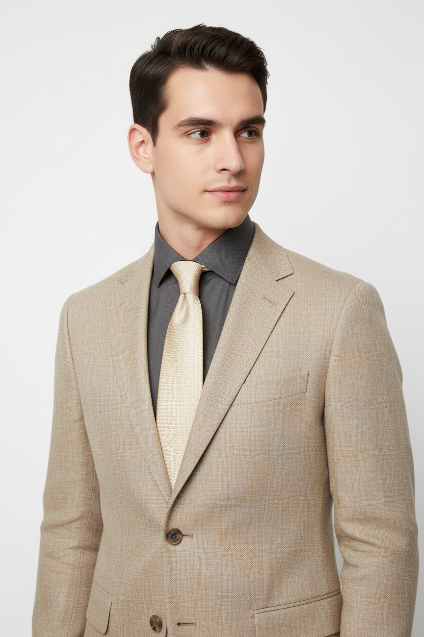 BFC2575 — Charcoal Slim Fit Shirt with Cooper Beige Linen Herringbone Sports Coat & Champagne Tie