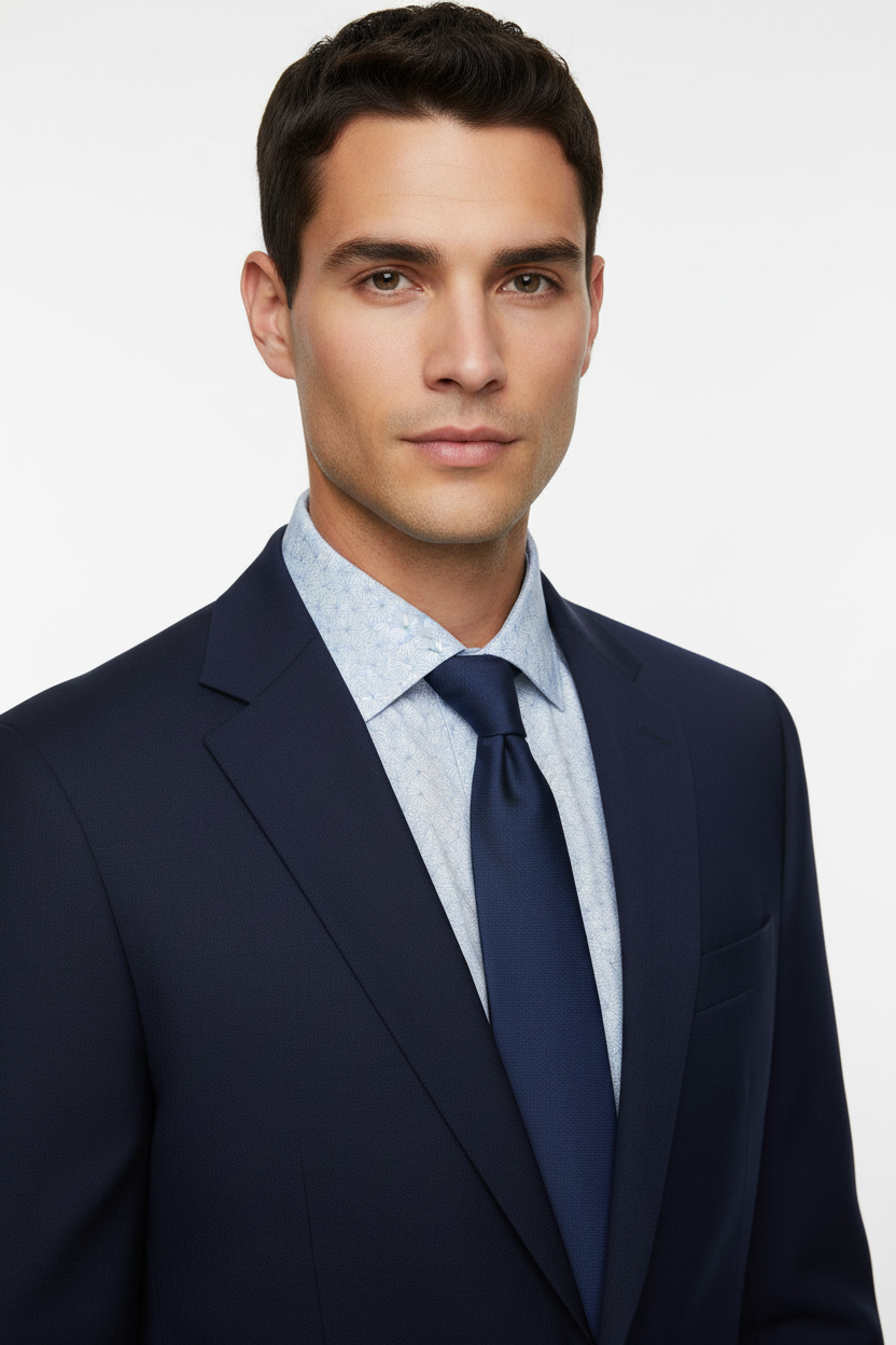 BFC2577 Style Proof — Pale Blue Starburst Print with Navy Blazer & Tie