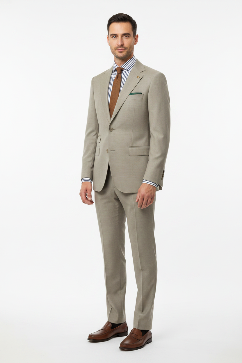 Savile Row Super 140’s Gold Standard Merino Wool Two-Piece Suit in Stone — full outfit studio shot with Joe Black stripe shirt, cappuccino tie and Florsheim brown penny loafers