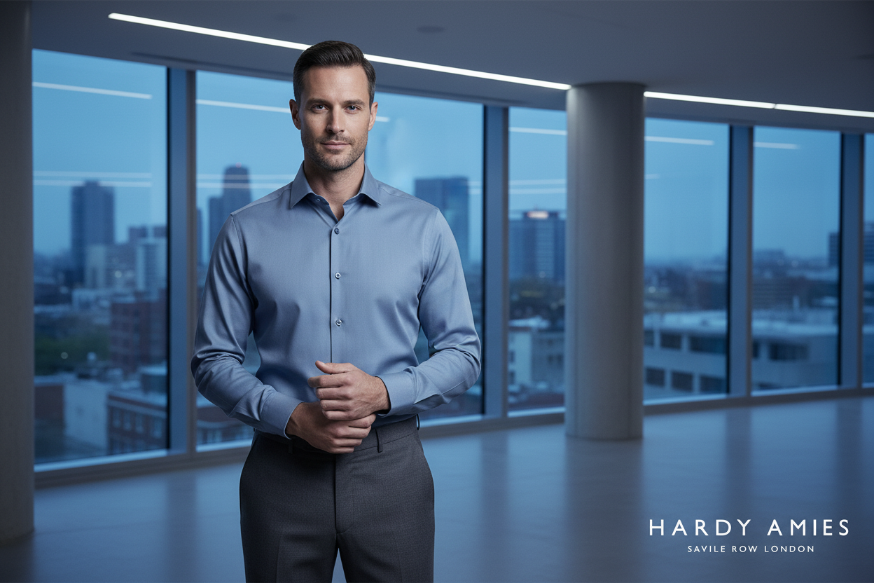 Hardy Amies Airforce Blue Plain Business Shirt — lifestyle hero image