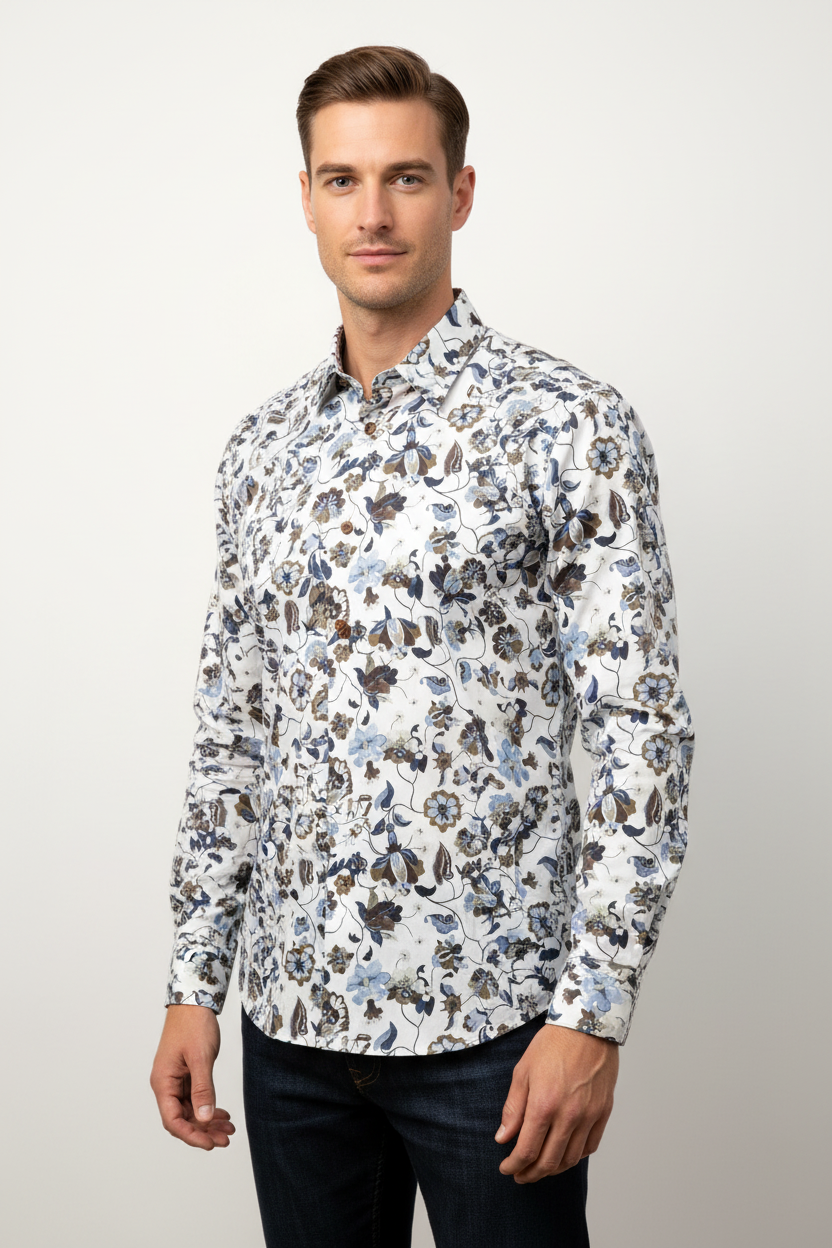 Eterna Modern Fit Non Iron Business Shirt — White Navy Khaki Floral Print, 100% Cotton, studio front view on model