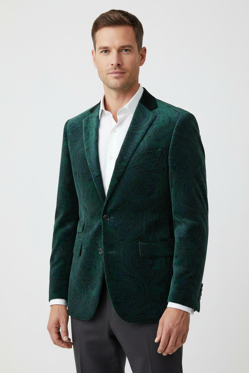 Rembrandt Lyon Men's Bottle Green Velvet Blazer — 100% Pontoglio 1883 cotton velvet, fully lined, tailored fit, double vent, notched lapel. Harrys for Menswear.