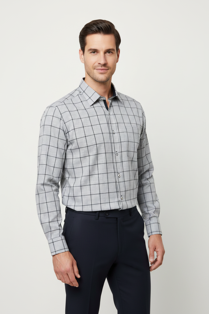 Eterna Modern Fit Non Iron Business Shirt — Grey Black Windowpane Houndstooth Check, Dynamic Cotton, studio front view on model