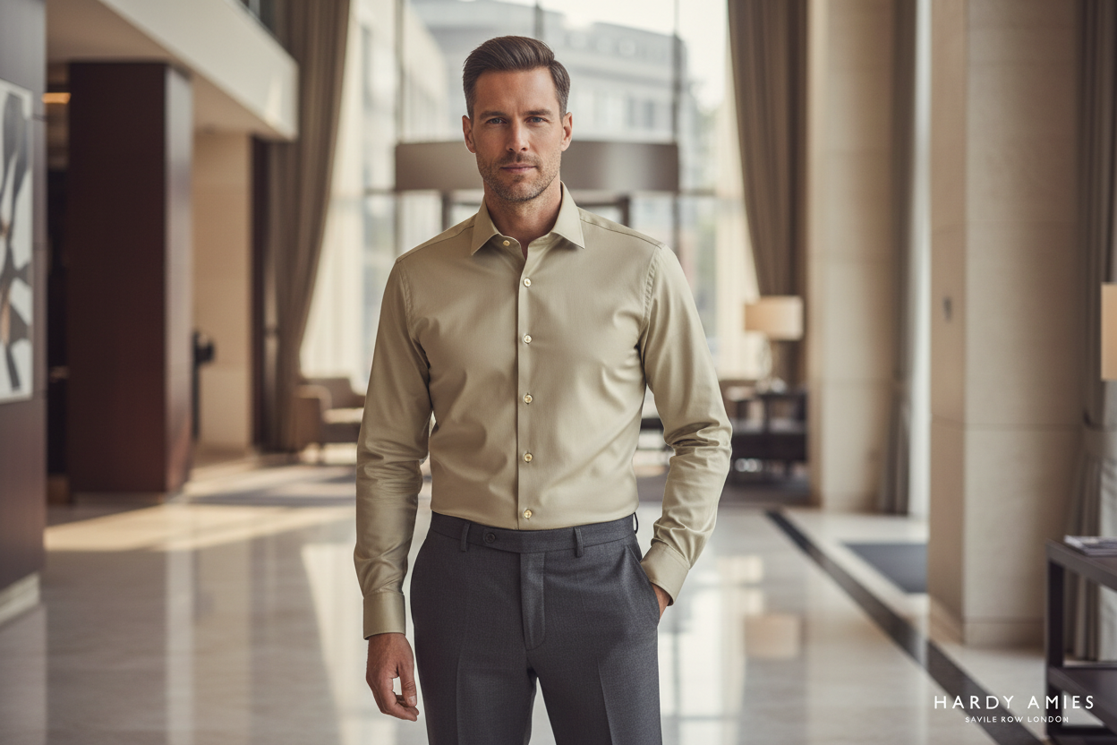 Hardy Amies Sand Plain Business Shirt — lifestyle hero image