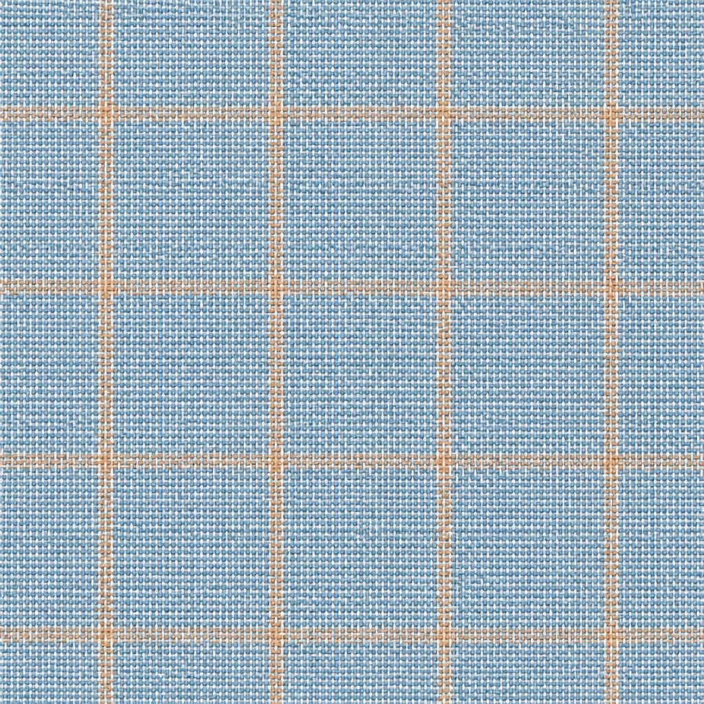 Close-up swatch of Zeke FUW524 pale blue linen-cotton fabric with beige overcheck