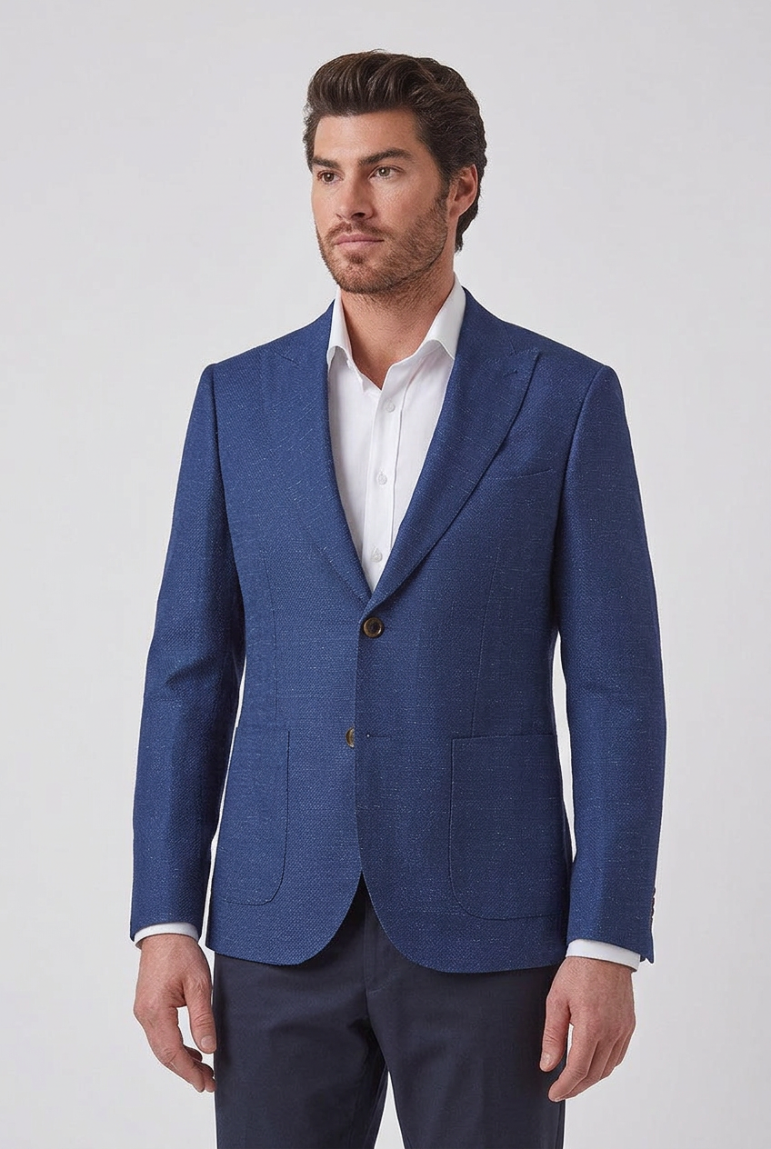 Studio view of the blue Dom Bagnato Lorenzo textured sports coat