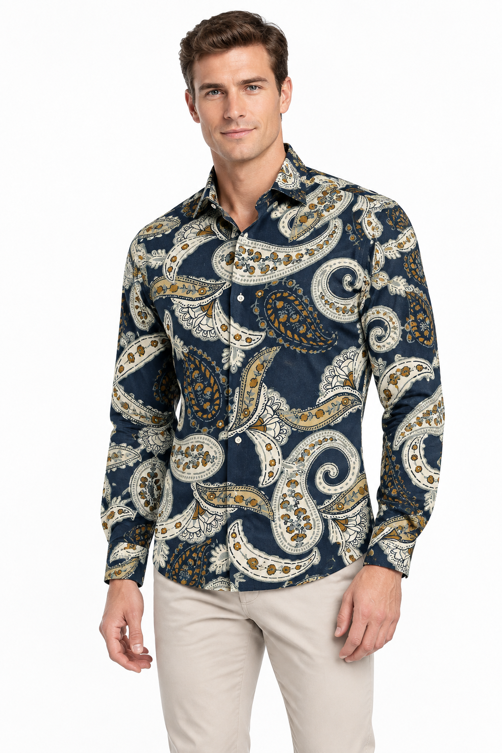 Model wearing Cambridge Sorrento FCW223 navy cotton shirt with cream and gold paisley print against a white studio background