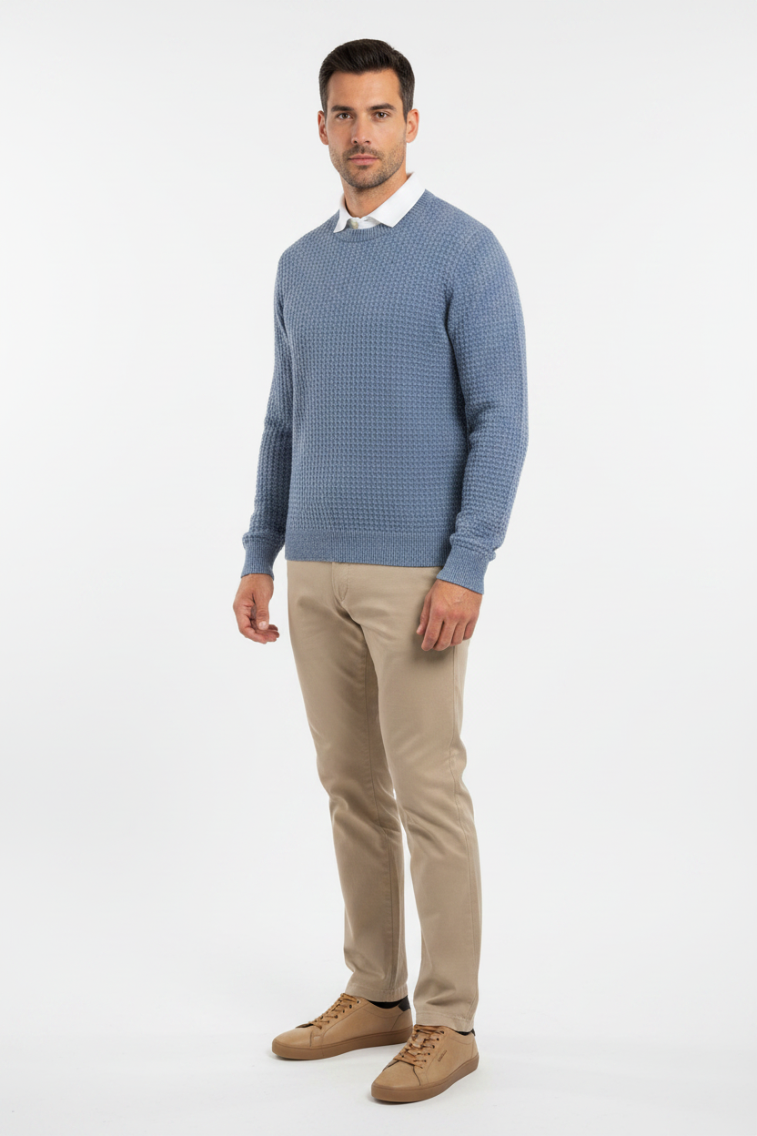 Interknit Crew Neck Steel Blue Marle — Studio Front