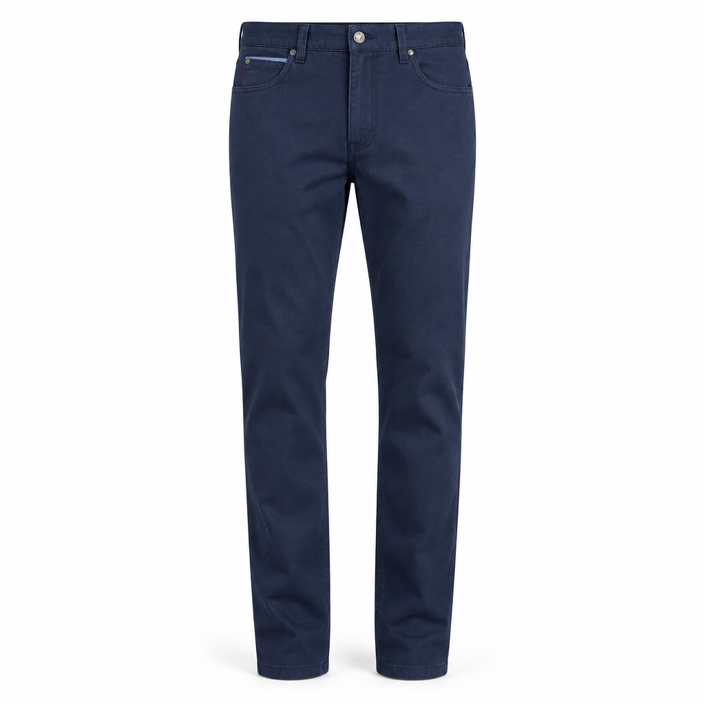 Meyer navy stretch cotton chinos studio image